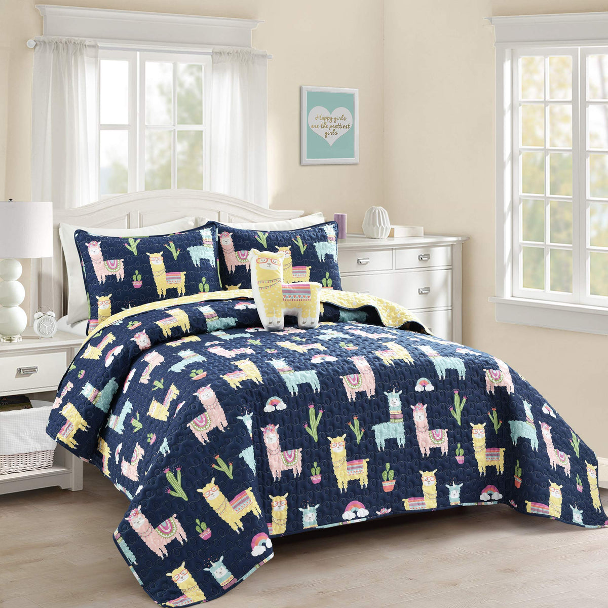 Lush Decor Southwest Llama Cactus Quilt, 4 Piece Set, Full/ Queen, Navy & Yellow - Cute Kids Reversible Boho Toddler Bedding Set
