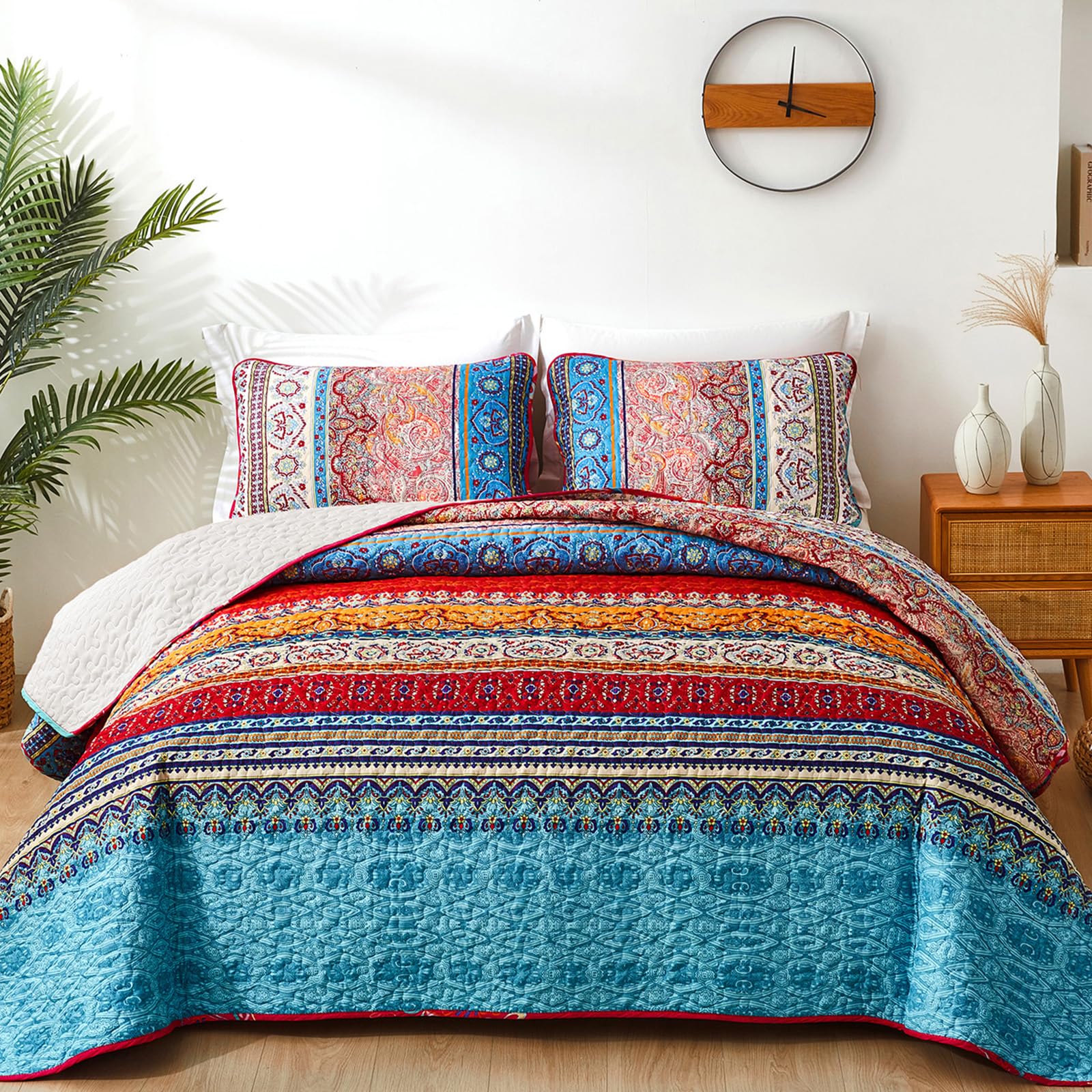 Wongs Bedding Bohemian Quilt Set Full Size, Boho Striped Pattern Quilts Bedspread Set For All Season, Soft Microfiber Coverlet B