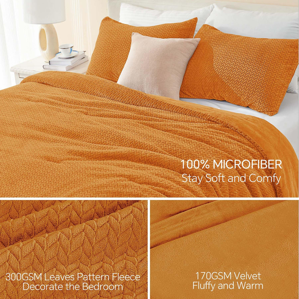 Chixpace Fluffy Queen Comforter Set - Furry Burnt Orange Leaves Pattern Faux Fur Bed Set, Winter Ultra Soft Fuzzy Comfort Set, V