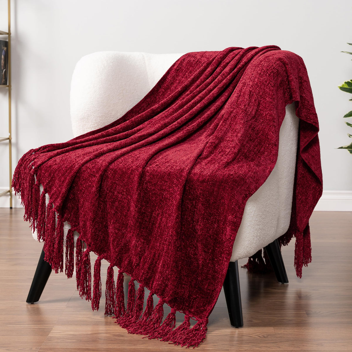 Pavilia Burgundy Red Throw Blanket For Couch, Chenille Blanket For Sofa Bed, Soft Knit Woven Maroon Blanket With Tassel, Decorat