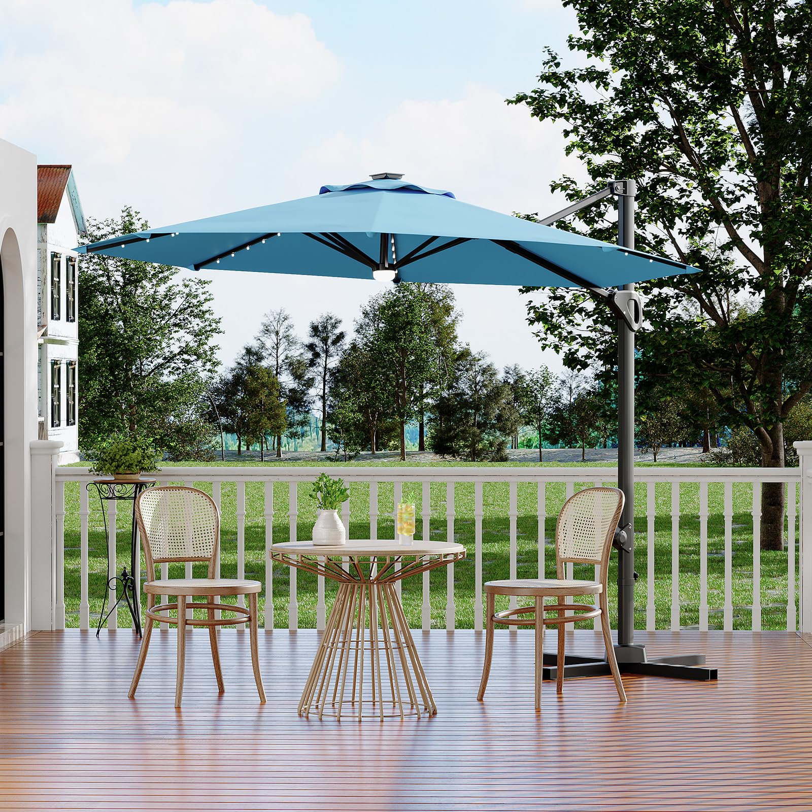 Garvee 10FT Cantilever Patio Umbrella with Solar Lights, 360 Rotation Offset Umbrella, Easy Crank & Tilt Adjustment, UV Protecti