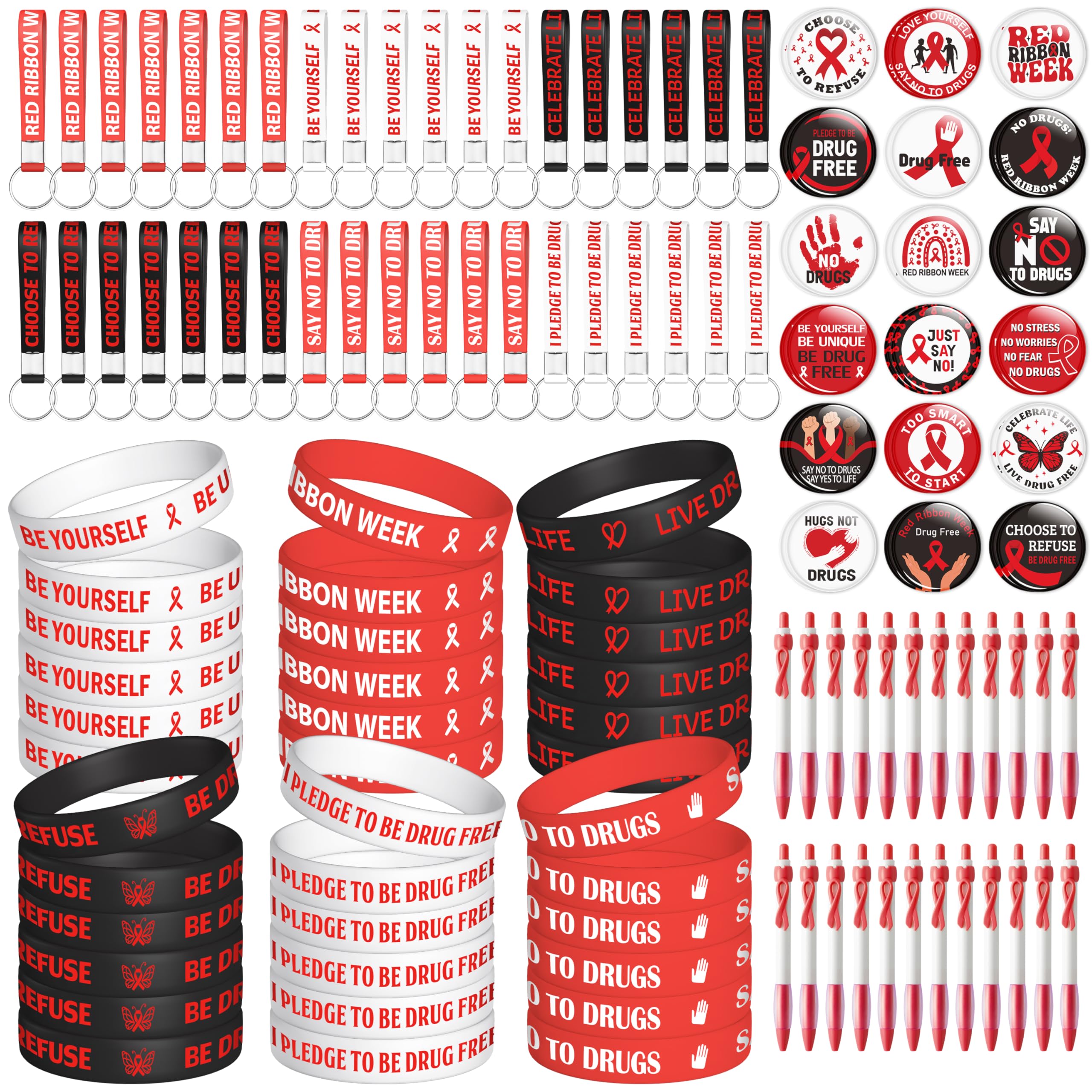 WATINC Red Ribbon Week Accessories Bulk - 144Pcs Drug Free Red Ribbon Week Awareness Set with 36 Silicone Bracelets 36 Keychains