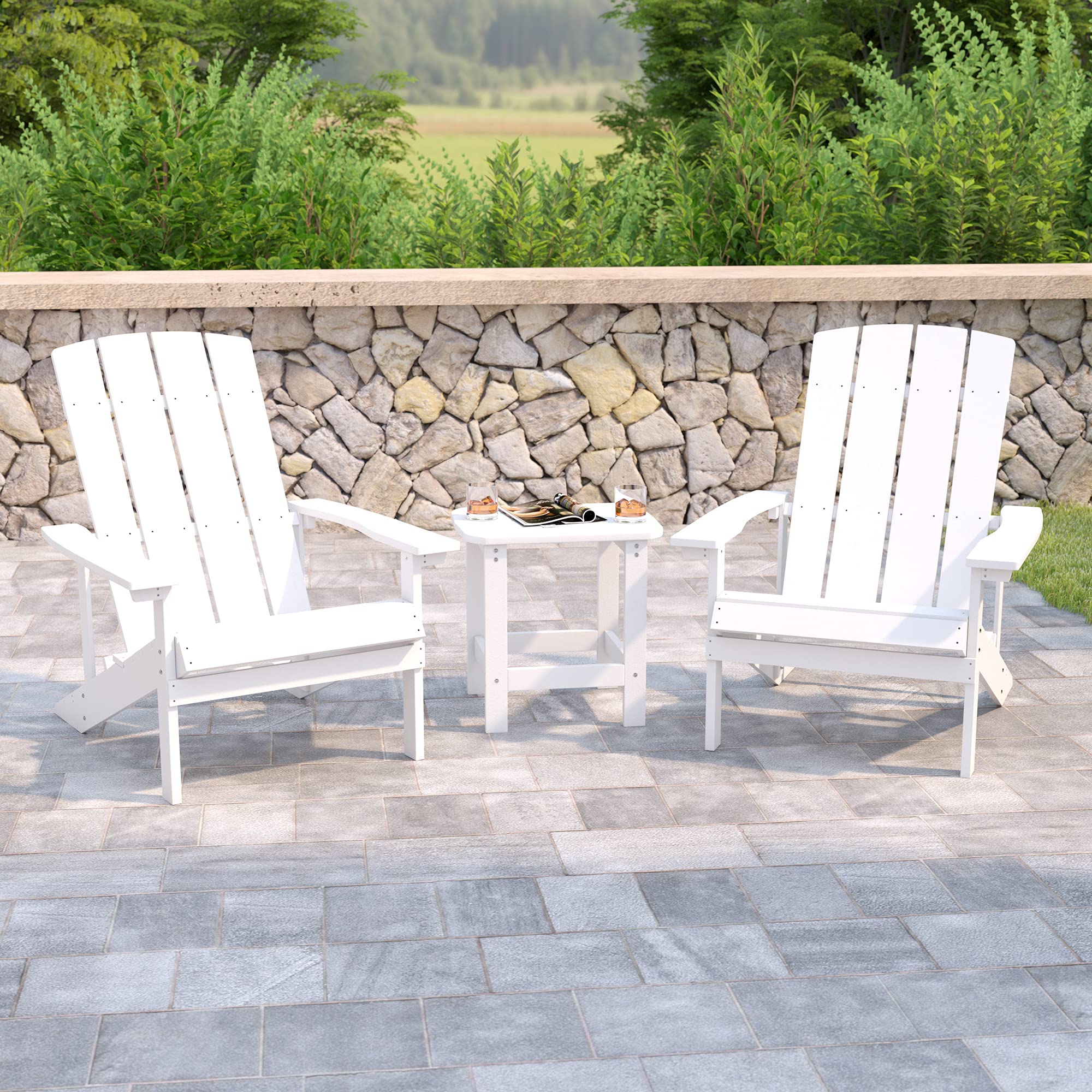 Flash Furniture Charlestown Commercial 2 Chair and Side Table Adirondack Set - White Poly Resin - Weather Resistant