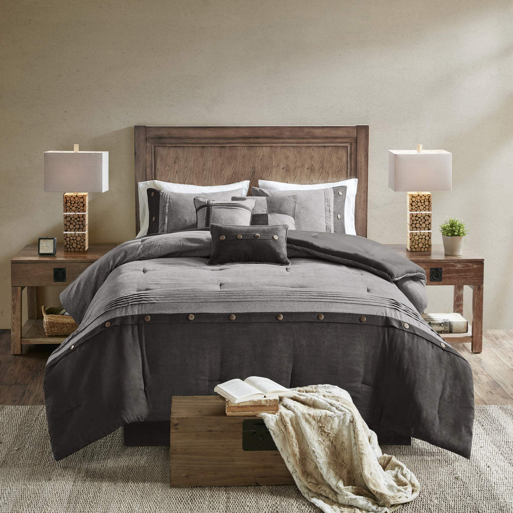 Madison Park Boone Cozy Comforter Set, Faux Suede, Deluxe Hotel Styling All Season Down Alternative Bedding Matching Shams, Decorative Pillow, Queen (90 In X 90 In), Rustic Grey 7 Piece,Dark Gray