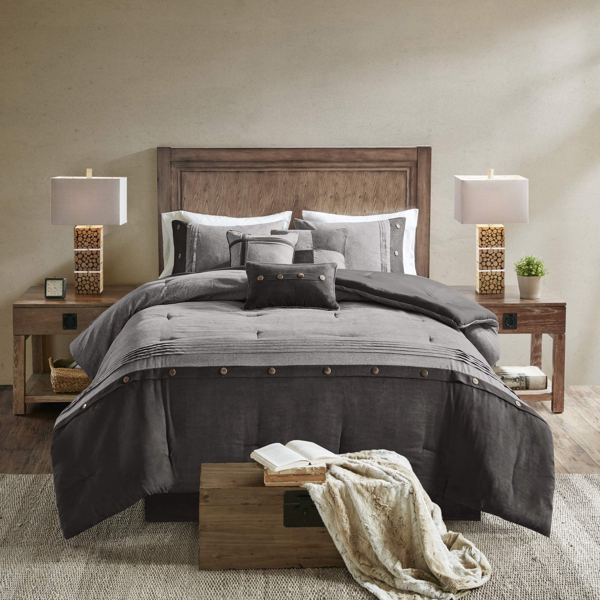 Madison Park Boone Cozy Comforter Set, Faux Suede, Deluxe Hotel Styling All Season Down Alternative Bedding Matching Shams, Decorative Pillow, Queen (90 In X 90 In), Rustic Grey 7 Piece,Dark Gray