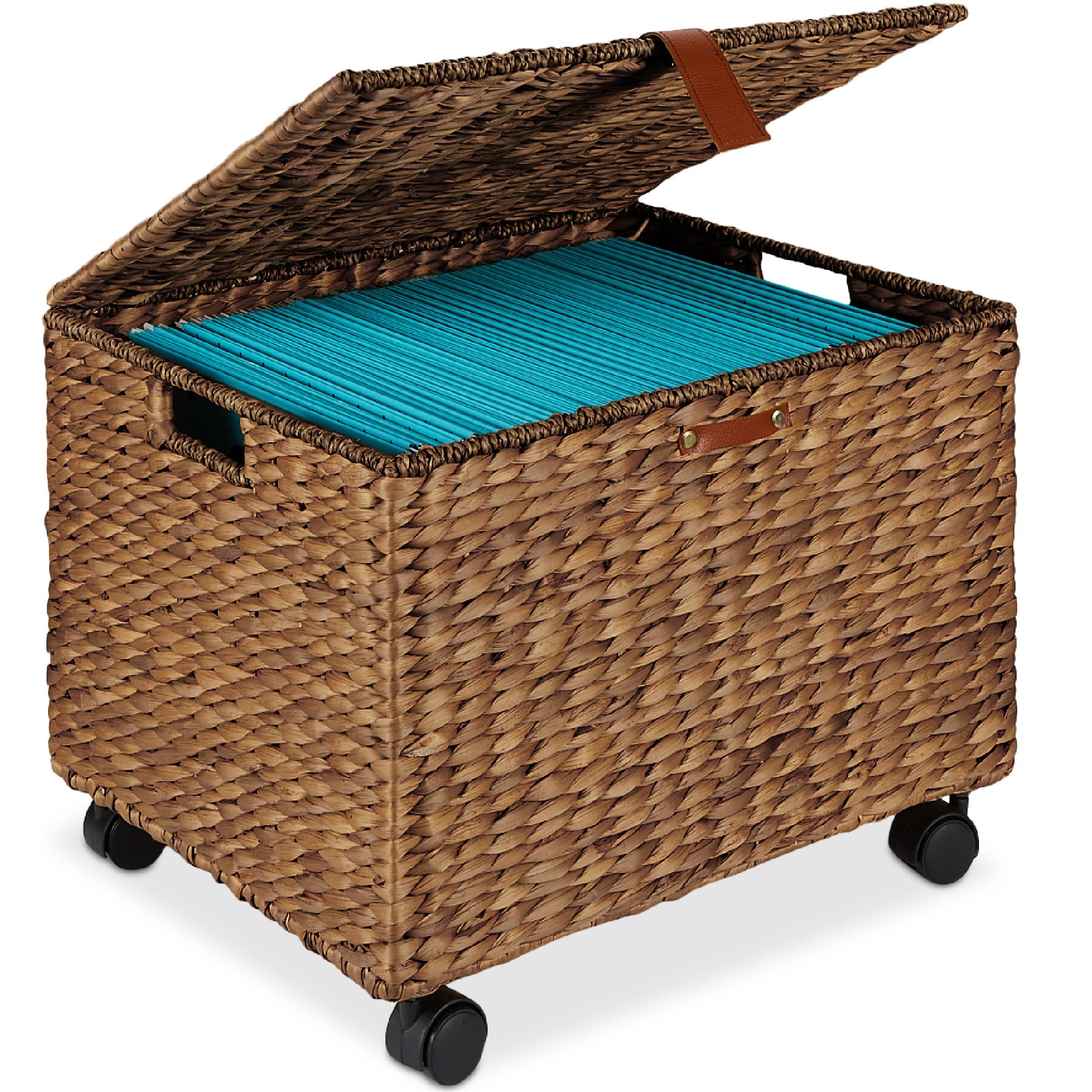 Best Choice Products Handwoven Water Hyacinth Rolling Filing Cabinet, Mobile File Organizer for Hanging Folders W/Lid and Lockin
