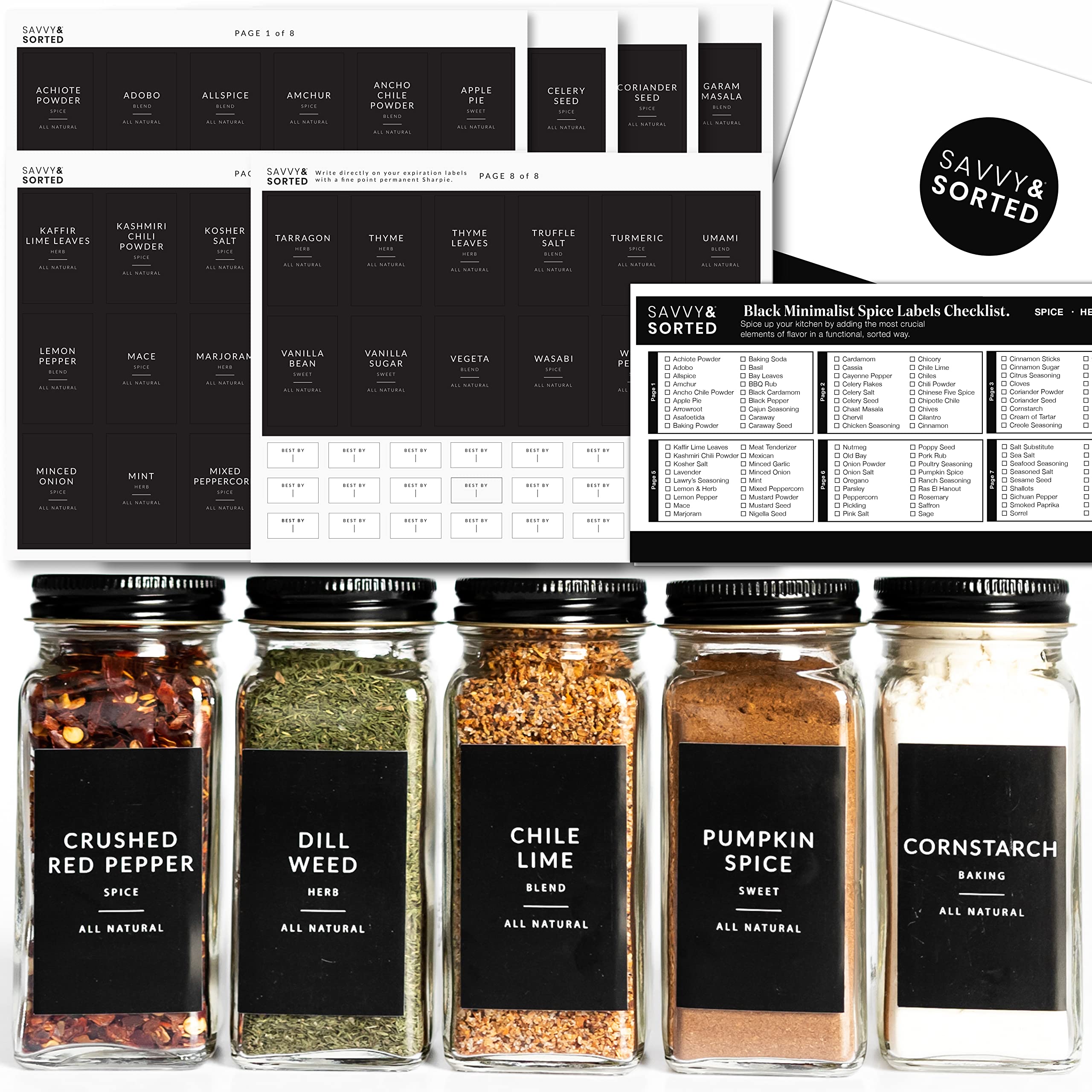 Black Spice Labels For Jars, 148 Preprinted Organizing Stickers Designed For Spices Storage Glass Bottles For Herbs Seasonings,