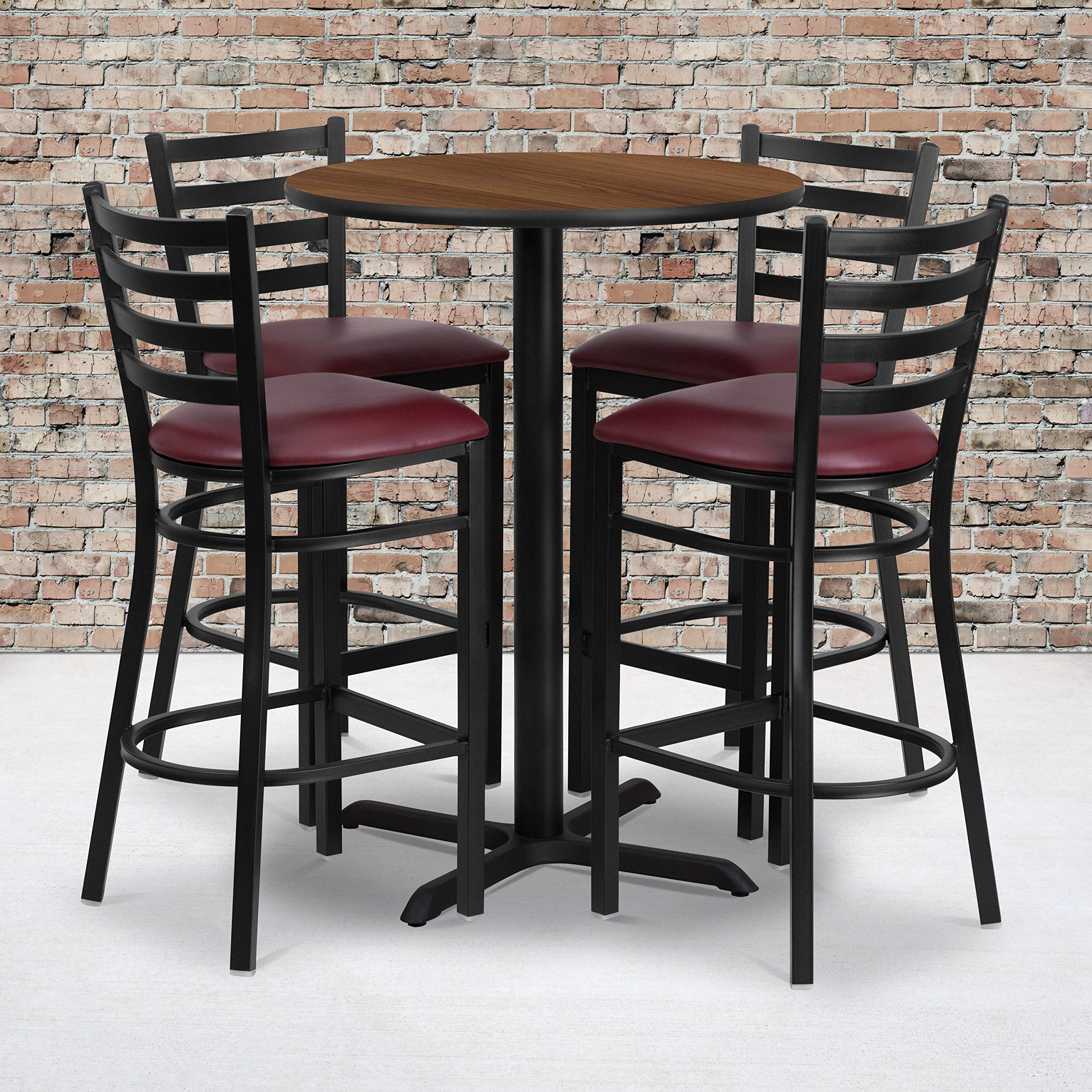 Flash Furniture 30'' Round Walnut Laminate Table Set With X-Base And 4 Ladder Back Metal Barstools - Burgundy Vinyl Seat