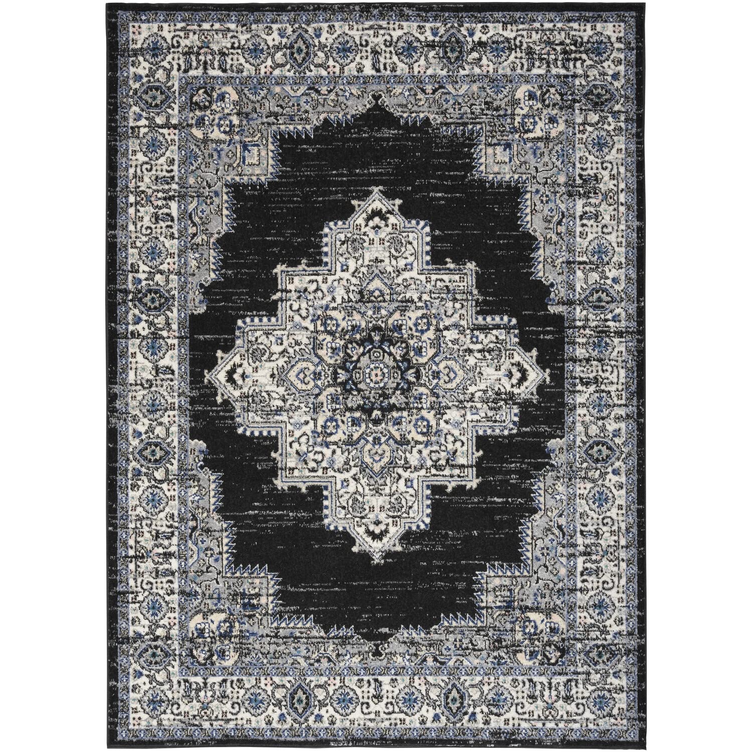Nourison Passion Black Ivory 5'3'' x 7'3'' Area Rug, Boho, Traditional, Easy-Cleaning, Non Shedding, Bed Room, Living Room, Hall