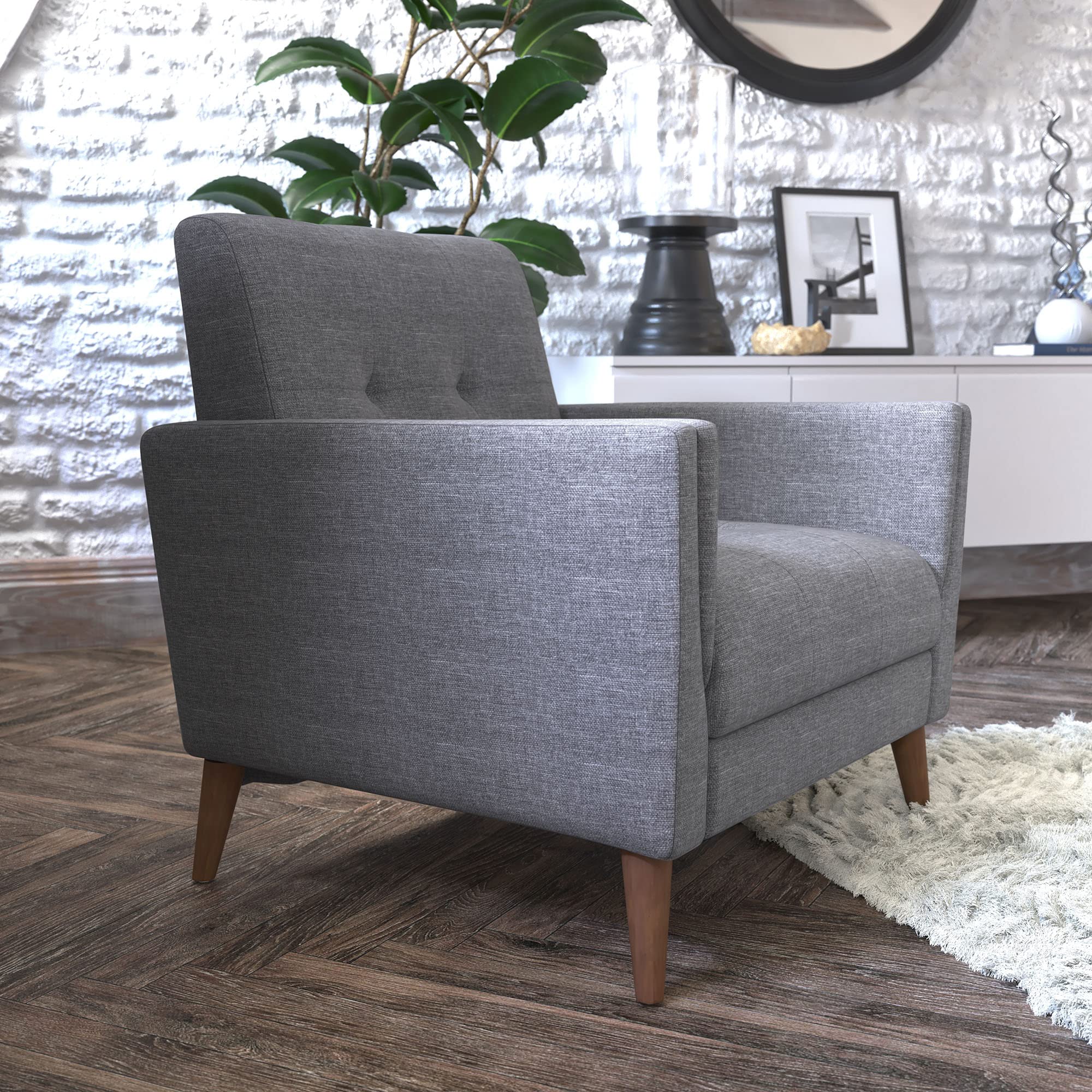 Flash Furniture Conrad Commercial Mid-Century Modern Chair - Slate Gray Faux Linen Upholstery - Buttonless Tufting - Wood Legs