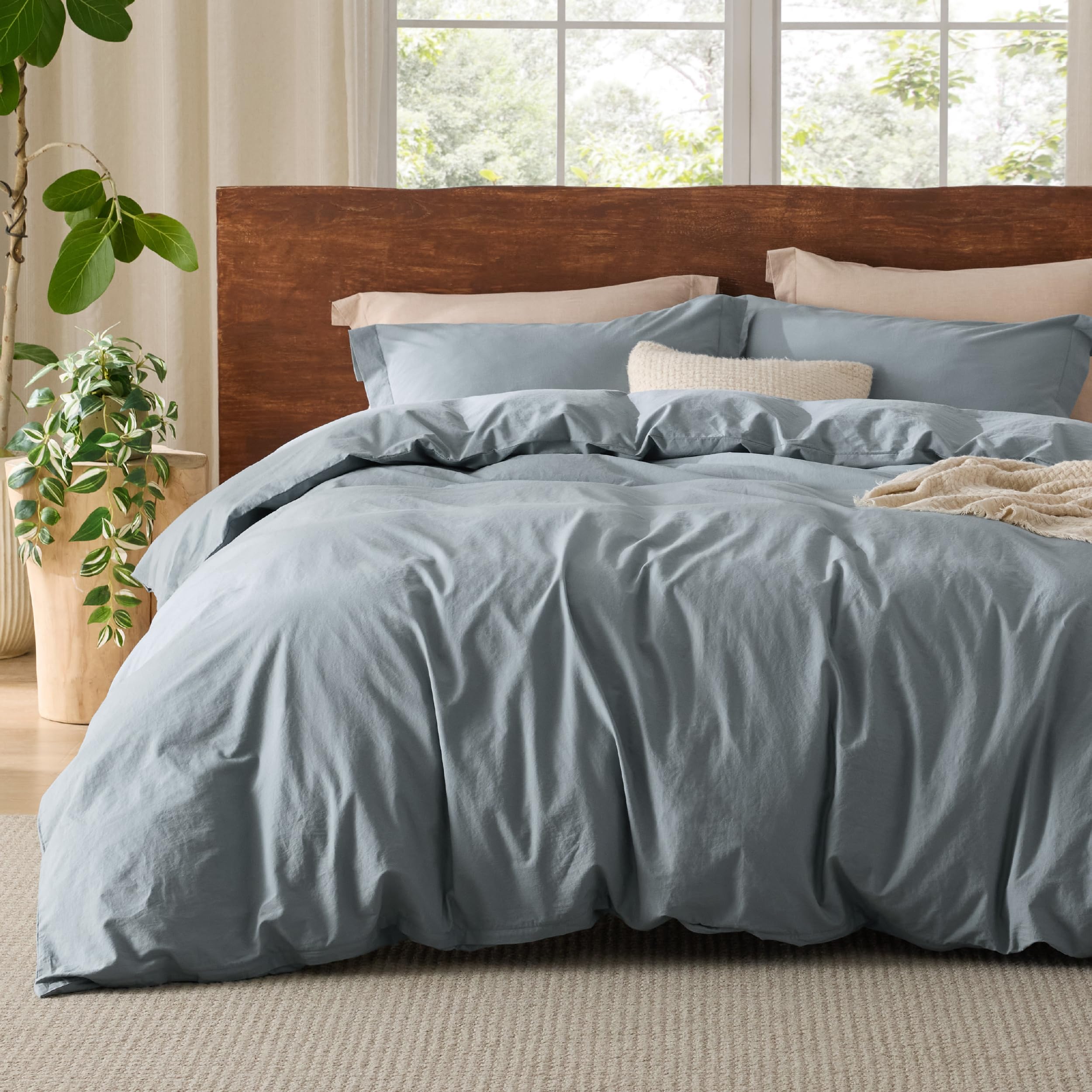 Bedsure 100% Washed Cotton Duvet Cover King Size - Grey Blue Minimalist Cotton Duvet Cover Linen Like - 3 Pieces Gentlesoft™ Plain Simple Bedding Set With 2 Pillow Shams (Grayish Blue, King, 104'X90')