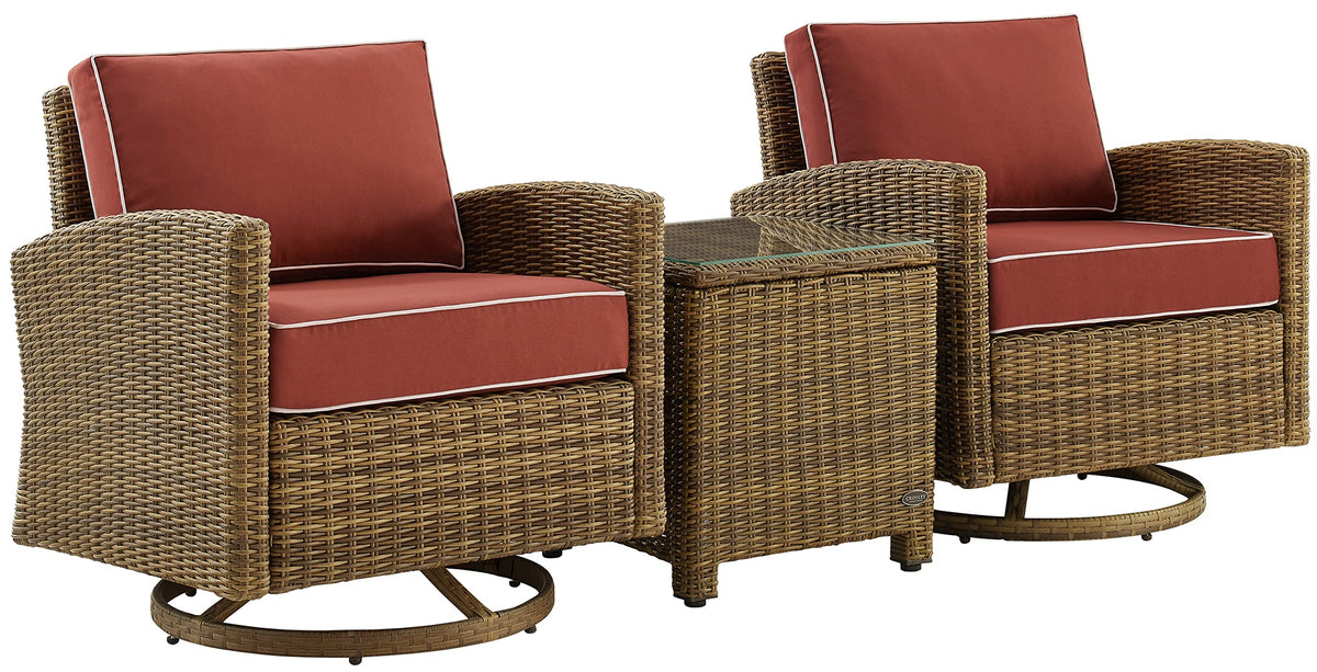 Crosley Furniture Bradenton 3-Piece Wicker Swivel Rocker Outdoor Chair And Side Table Set For Patio, Porch, Brown With Sangria Cushions