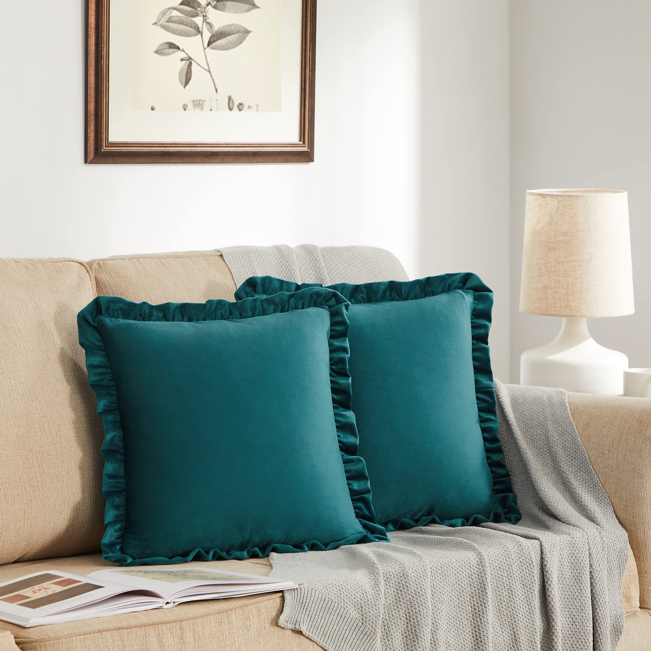 Gigizaza Teal 16X16 Luxury Pillow Covers, Set Of 2 Decorative Velvet Ruffle Cushion Pillow Covers For Sofa Couch
