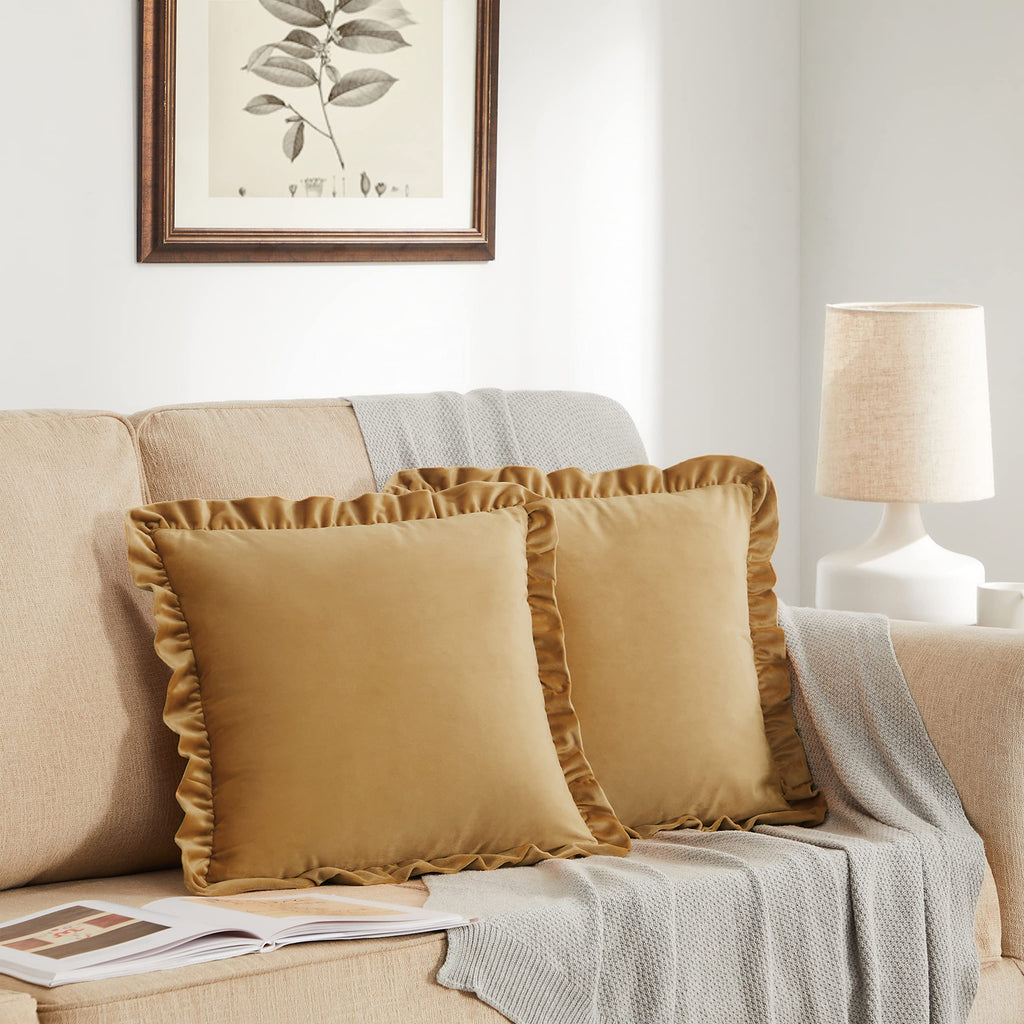 Gigizaza Pack Of 2 Mustard Yellow Throw Pillow Covers 16X16 Decorative Ruffle Velvet Cushion Cover For Couch Pillowcase