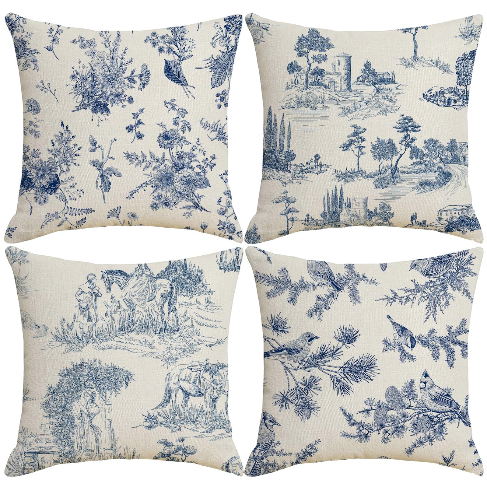 Lohdalolf Toile Throw Pillow Covers 18X18 Inch Set Of 4 French Country Pillow Cases Vintage Blue Chinoiserie Decorative Cushion
