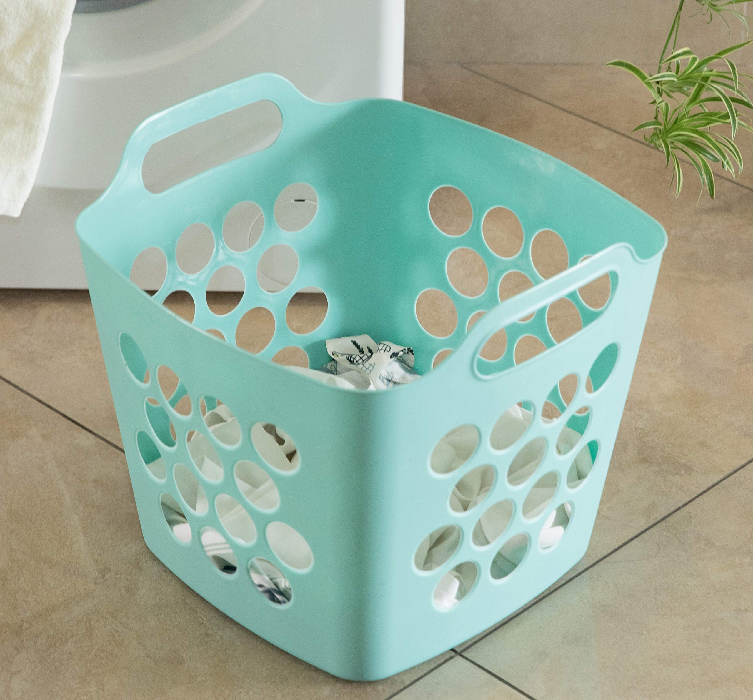 Flexible Plastic Carry Laundry Basket Holder Square Storage Hamper With Side Handles (Green)