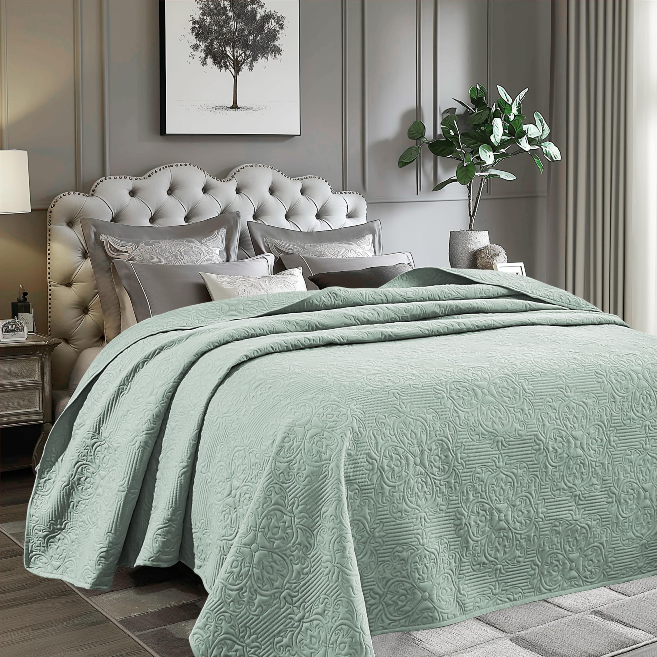 Sophia & William Bed Quilt Bedspread Coverlet - Reversible, Lightweight - Queen Size, Sage
