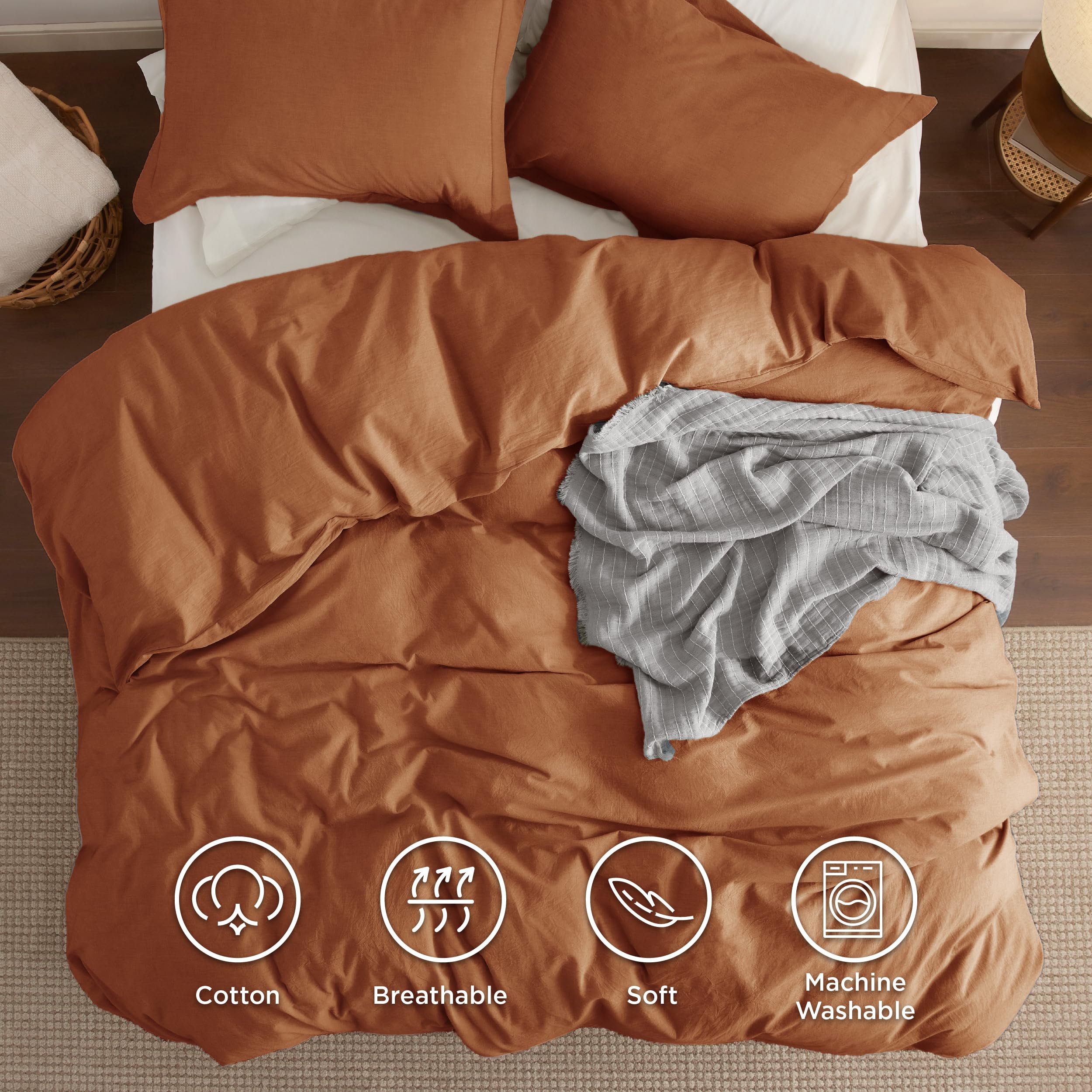 Bedsure 100% Washed Cotton Duvet Cover Queen - Pumpkin Orange Minimalist Duvet Cover Set Linen Like - 3 Pieces Gentlesoft™ Plain Simple Bedding Set With 2 Pillow Shams (Pumpkin Orange, Queen, 90'X90')