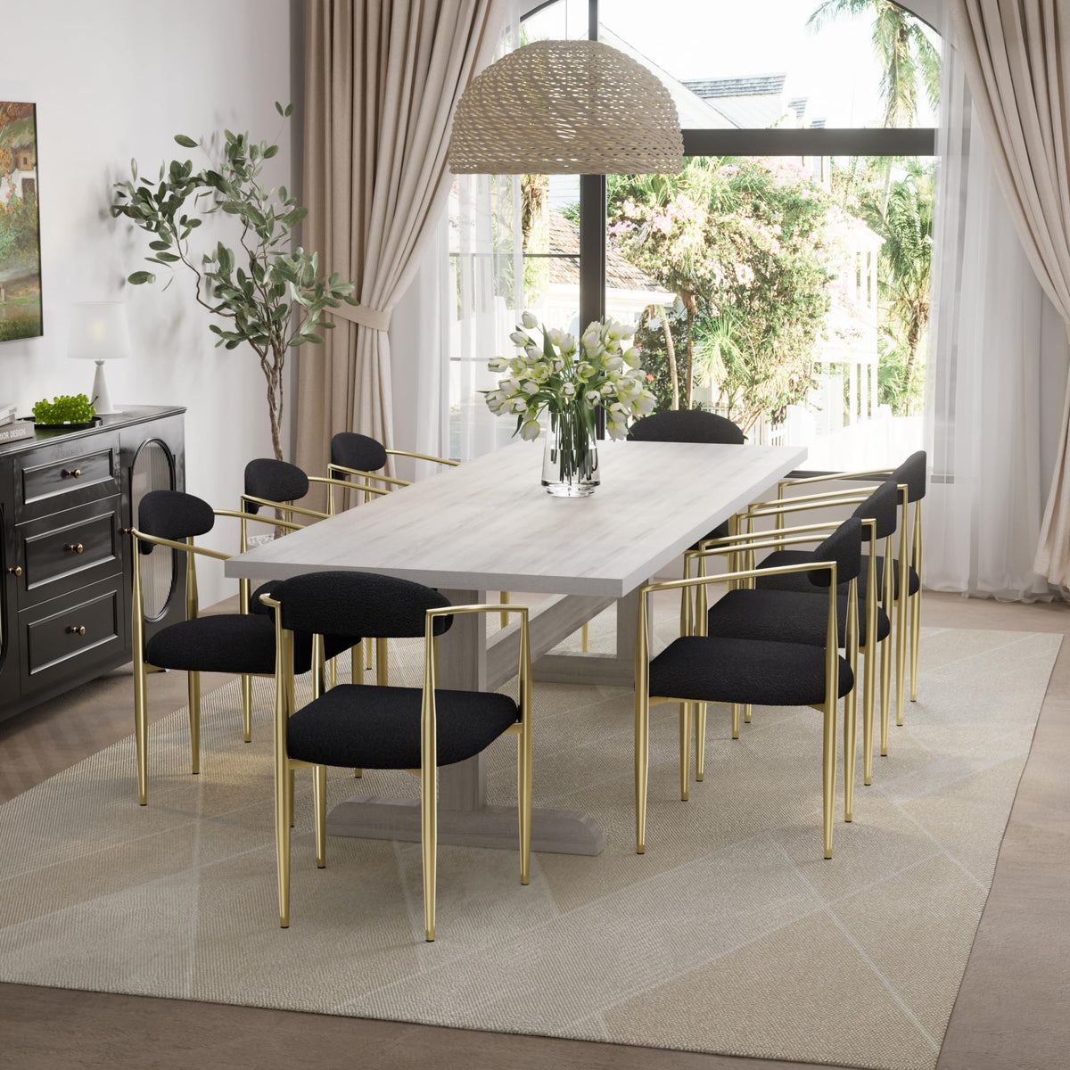 Baysitone Black Dining Chairs Set Of 6 Round Upholstered Boucle Dining Room Chairs Mid-Century Modern Kitchen Chairs Curved Back
