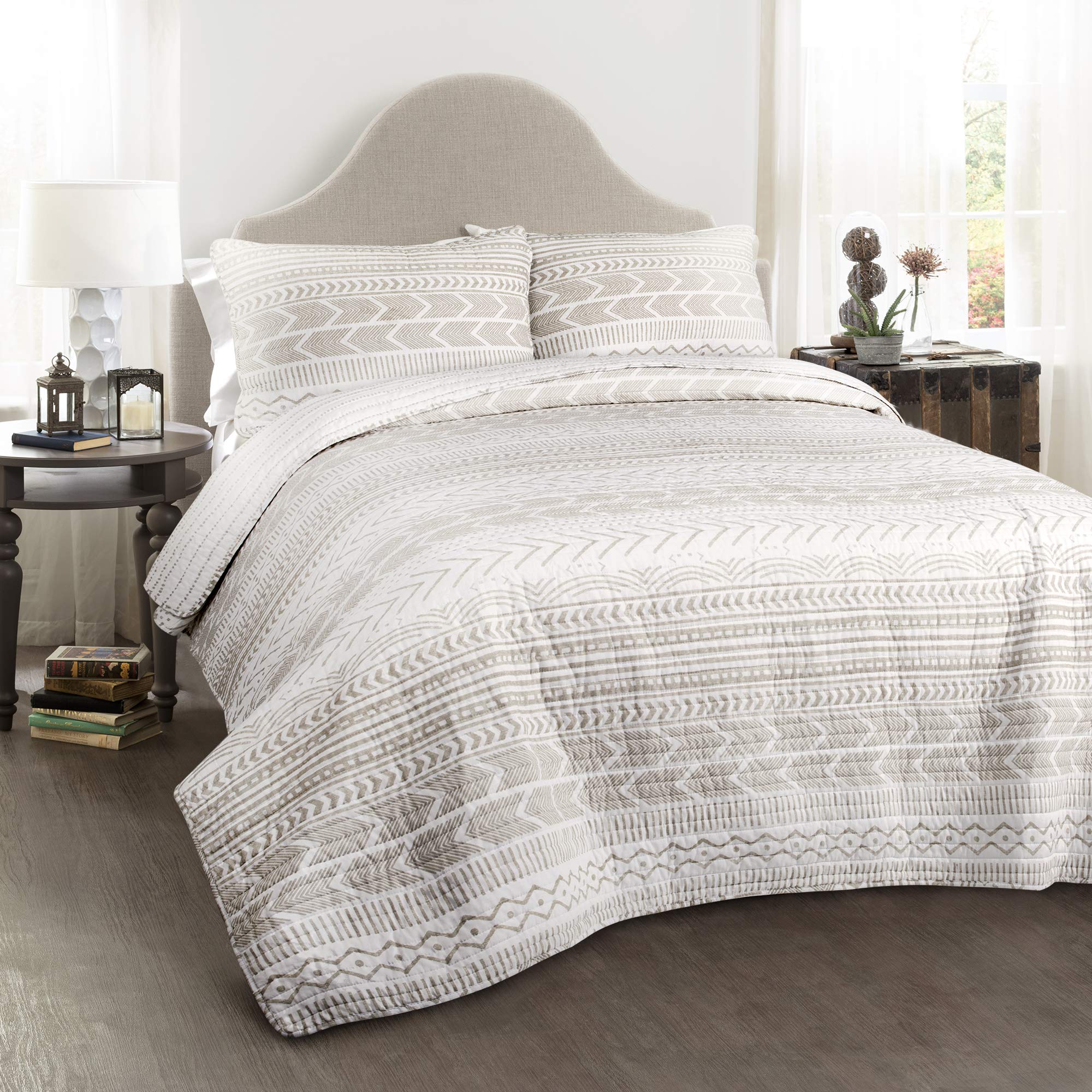 Lush Decor Hygge Geo Pattern Striped 3 Piece Quilt Bedding Set, King, Taupe & White