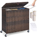 3Section Laundry Hamper with Lid, 130L Wicker Laundry Basket with wheels