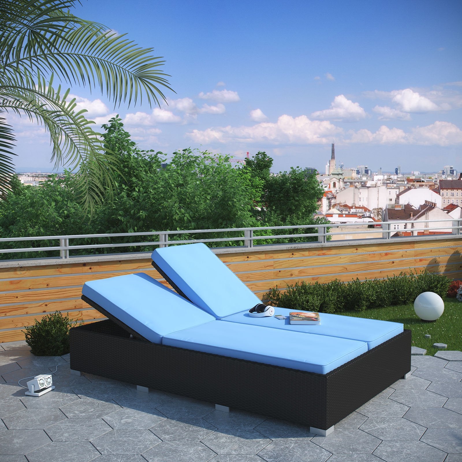 Lexmod Evince Two-Seater Outdoor Wicker Patio Chaise Recliner In Espresso With Red Cushions