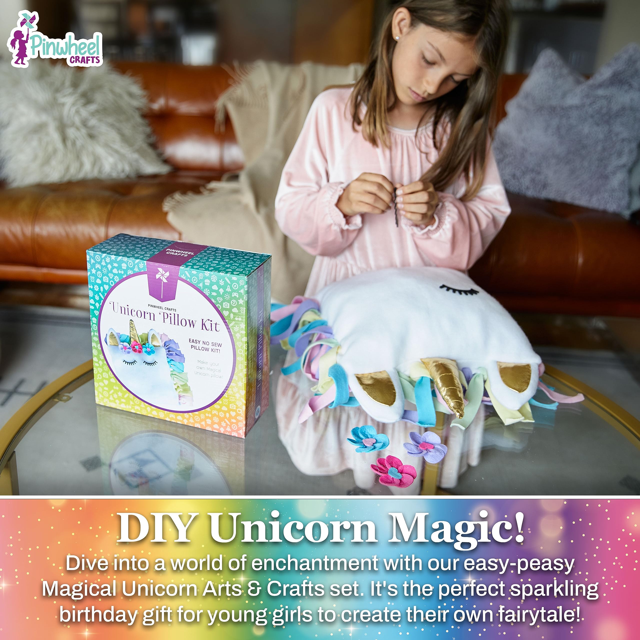 Unicorn Pillow Kit - No Sew Unicorn Craft Kit - Gifts For Girls, Arts And Crafts For Kids Ages 8-12 - Unicorn Toys For 6 Year Ol