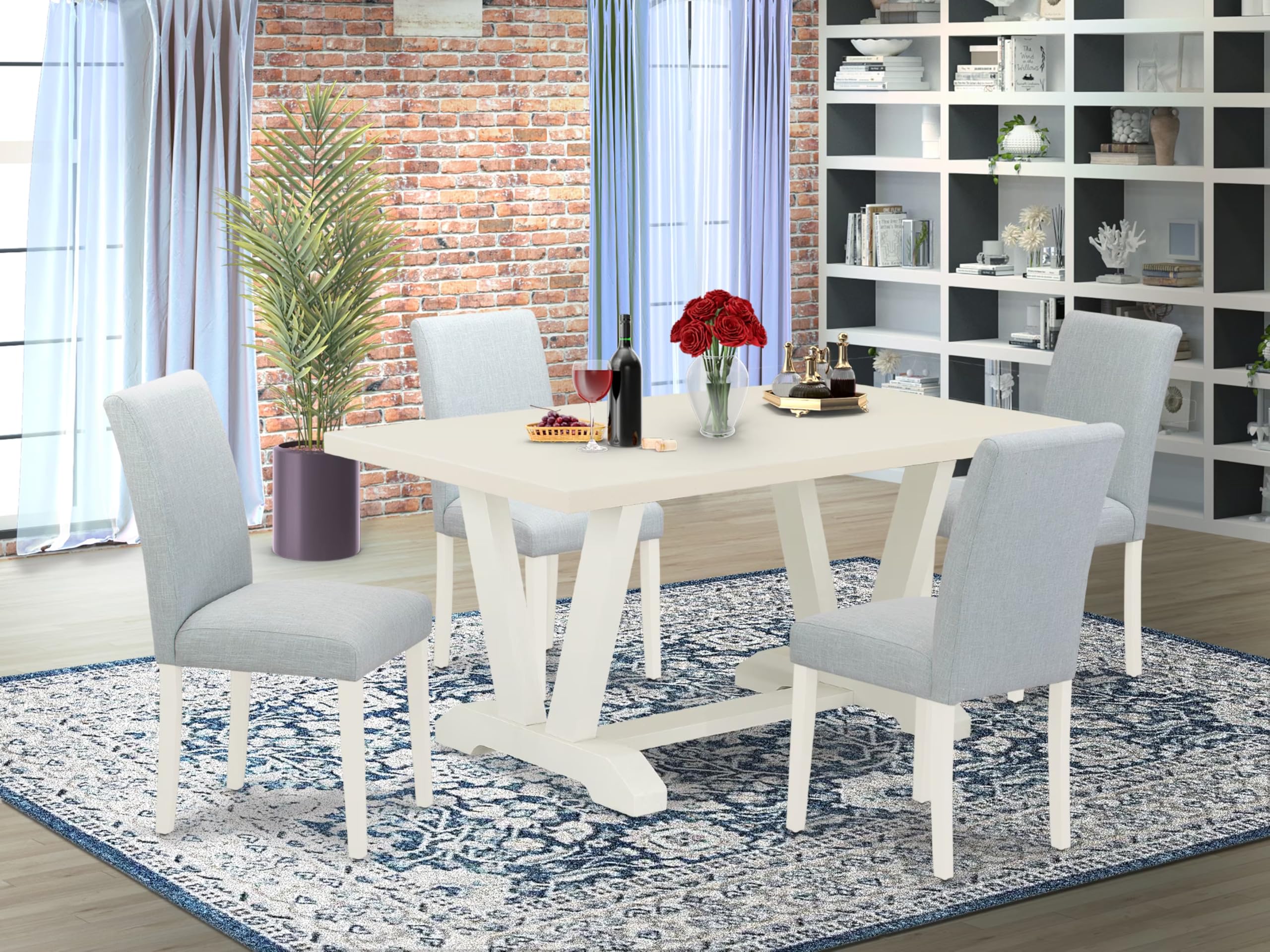 East West Furniture V026Ab015-5 5 Piece Dining Room Table Set Includes A Rectangle Kitchen Table With V-Legs And 4 Baby Blue Linen Fabric Parsons Dining Chairs, 36X60 Inch, Multi-Color