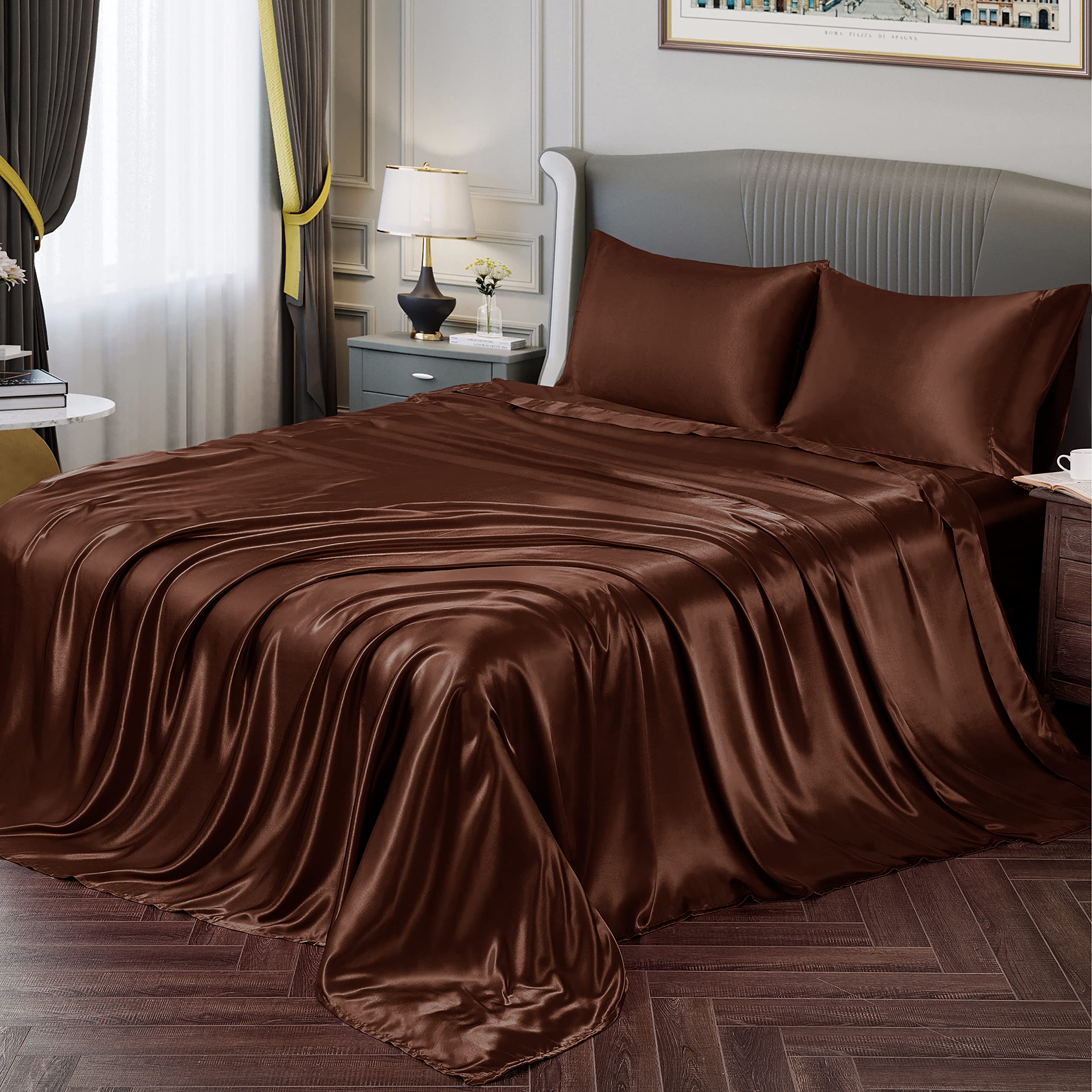 Vonty Satin Sheets Full Silky Soft Satin Bed Sheets Brown Satin Sheet Set, 1 Deep Pocket Fitted Sheet + 1 Flat Sheet + 2 Pillowc