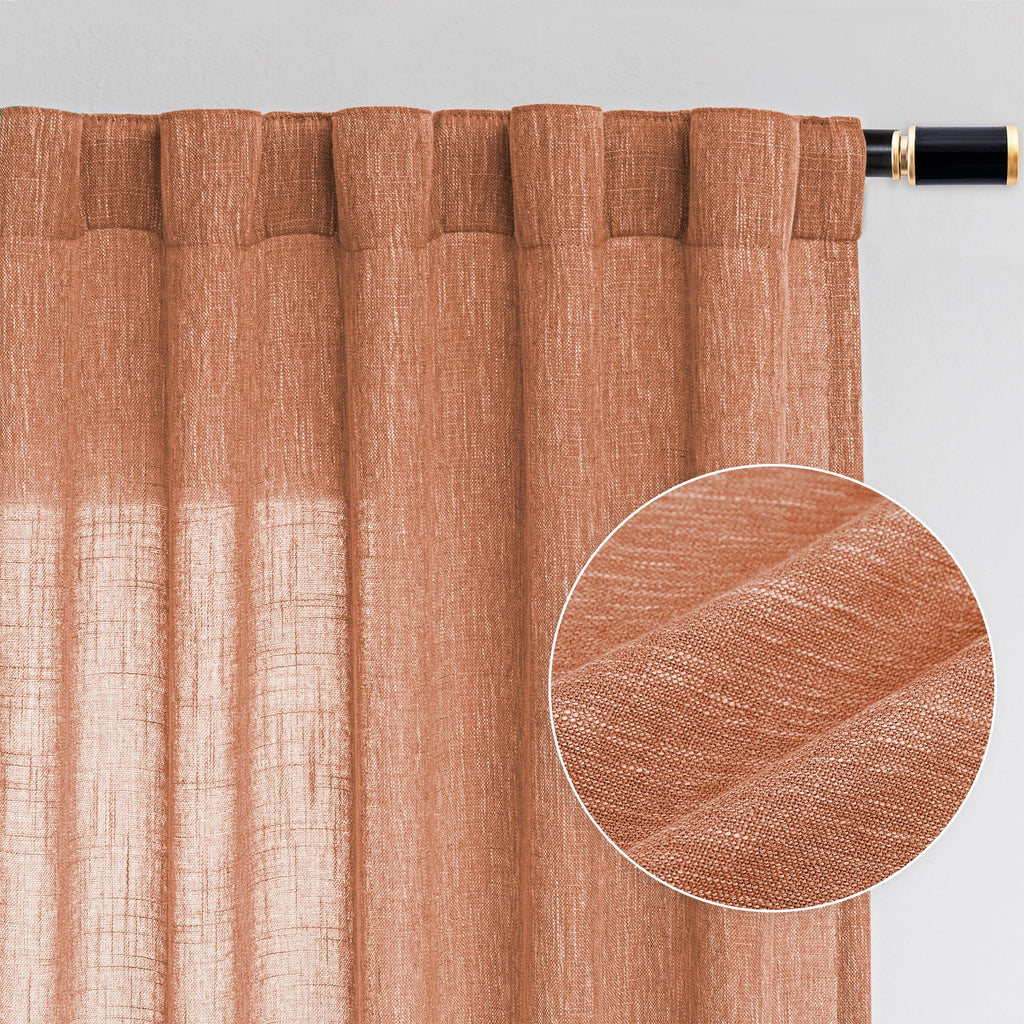 Mysky Home Orange Curtains For Bedroom Short Curtains For Small Window, Boho Semi Sheer Curtains 2 Panels Set Window Treatment Drapes Linen Style Texture For Closet/Kitchen, 50'X63', Burnt Orange