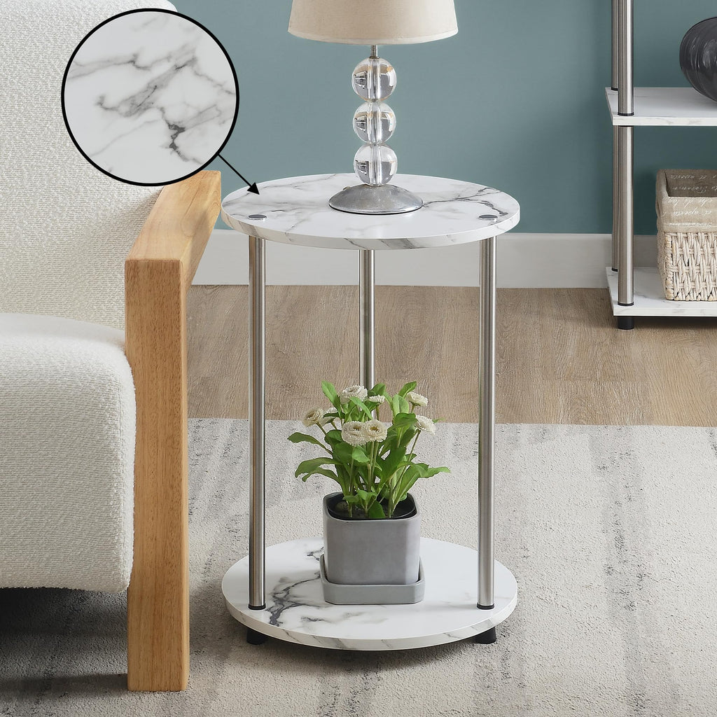 Convenience Concepts Designs2Go No Tools 2-Tier Round End Table, Faux White Marble/Chrome