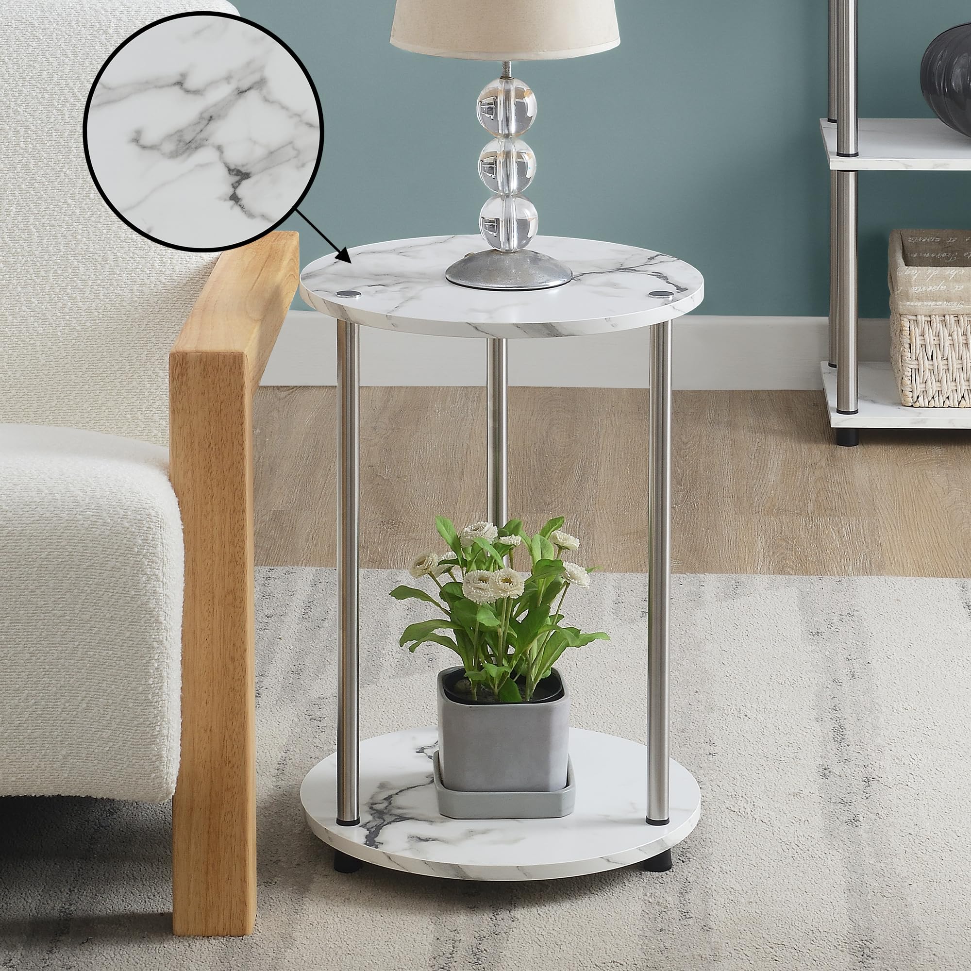 Convenience Concepts Designs2Go No Tools 2-Tier Round End Table, Faux White Marble/Chrome