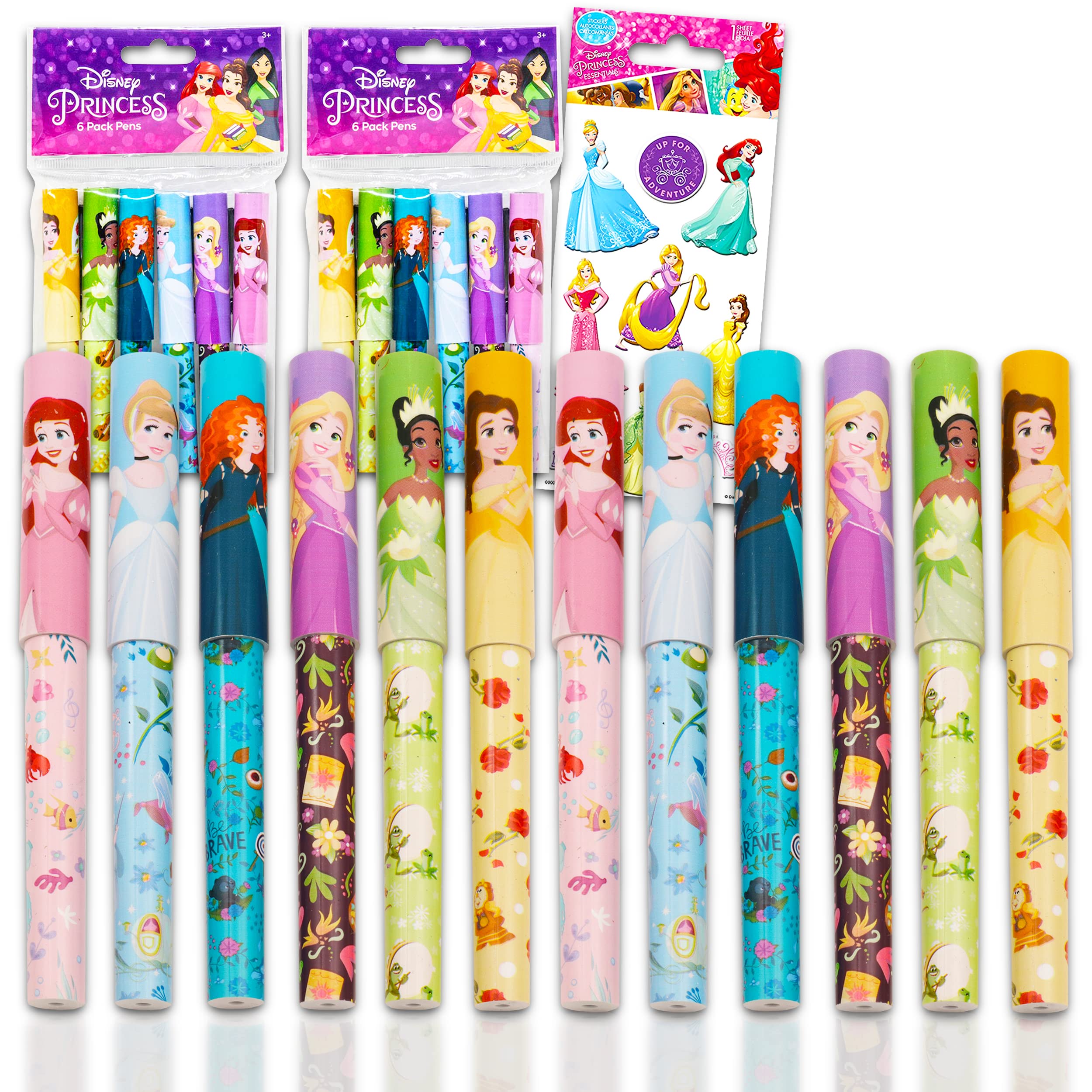 Disney Princess Pens Value Bulk Set Bundle - 12 Pack Princess Ballpoint Pens With Stickers (Princess School Supplies, Office Sup