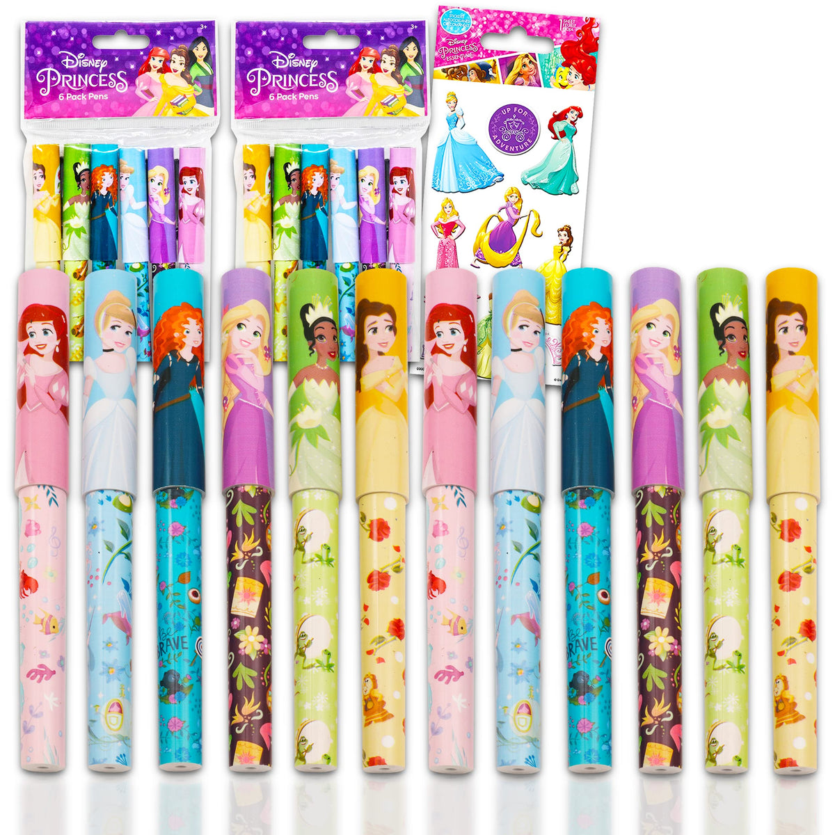 Disney Princess Pens Value Bulk Set Bundle - 12 Pack Princess Ballpoint Pens With Stickers (Princess School Supplies, Office Sup