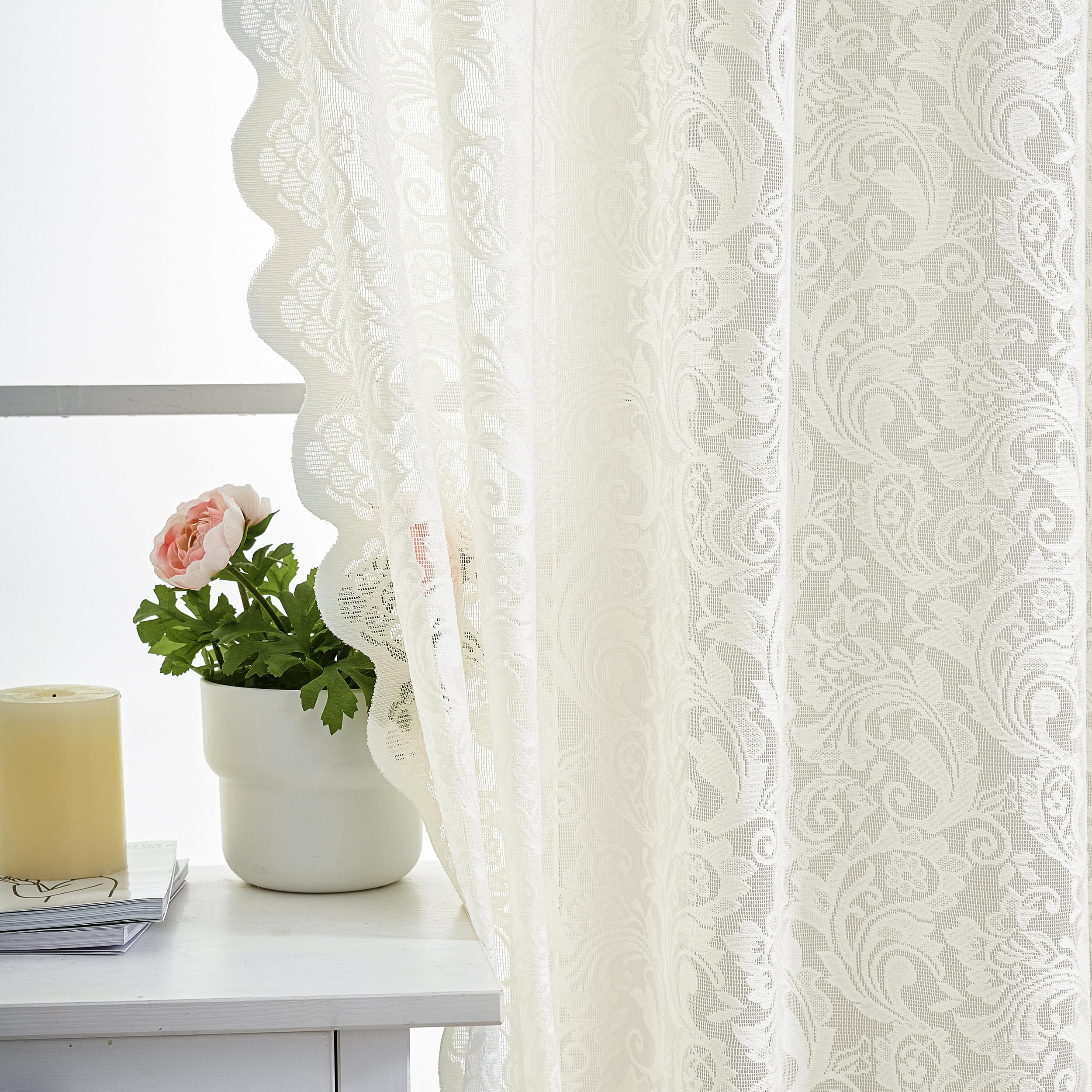 Aligogo Ivory Kitchen Curtains 45 Inch Length Rustic Country Floral Lace Cafe Curtains For Small Window Embroidered Privacy Scal