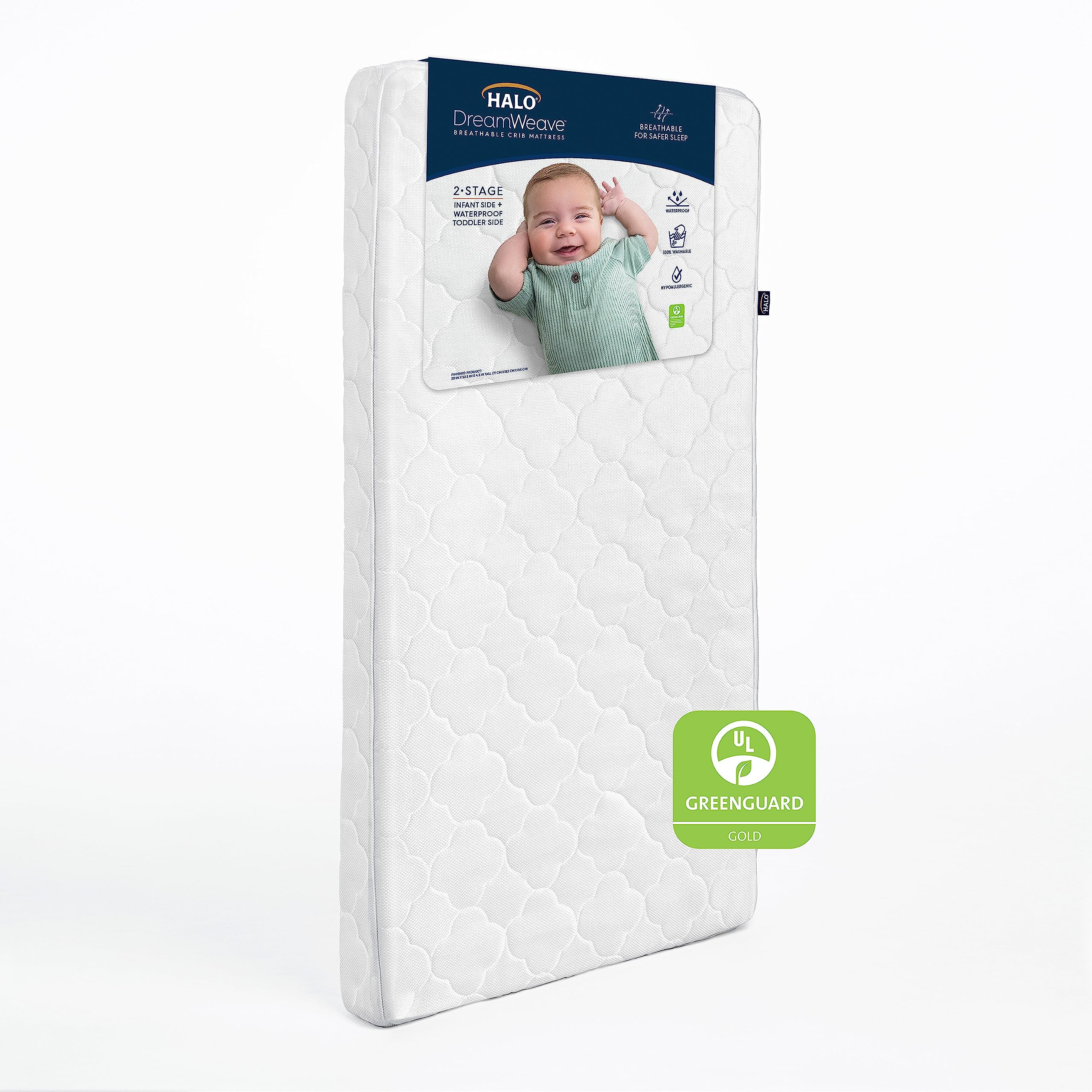 HALO DreamWeave Crib & Toddler Mattress - 100% Breathable Mattress and Core, Dual Sided 2-Stage Design, Machine Washable Cover, 