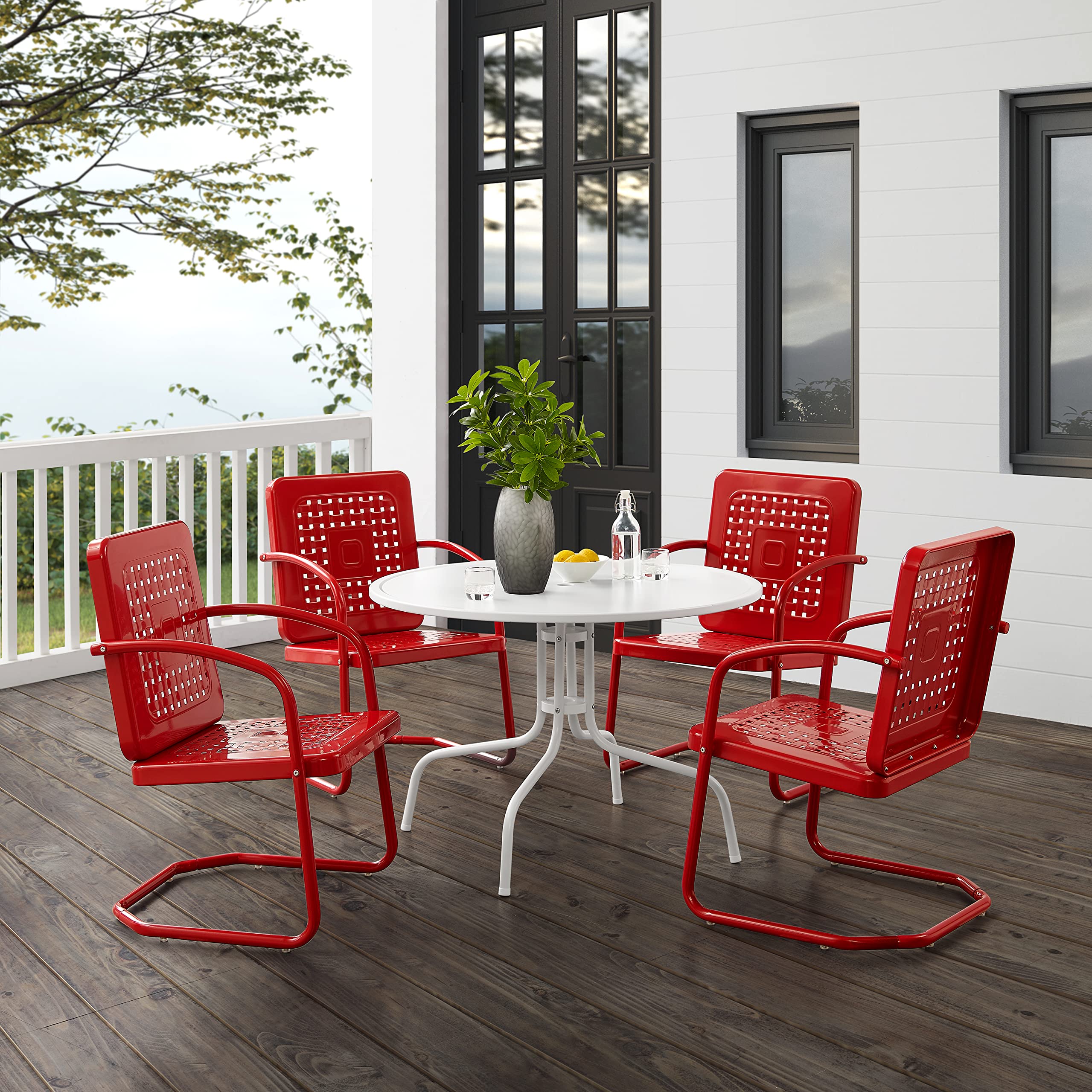 Crosley Furniture Bates 5-Piece Outdoor Dining Set for 4, Retro Metal Round Patio Table and Chairs for Deck, Bright Red Gloss