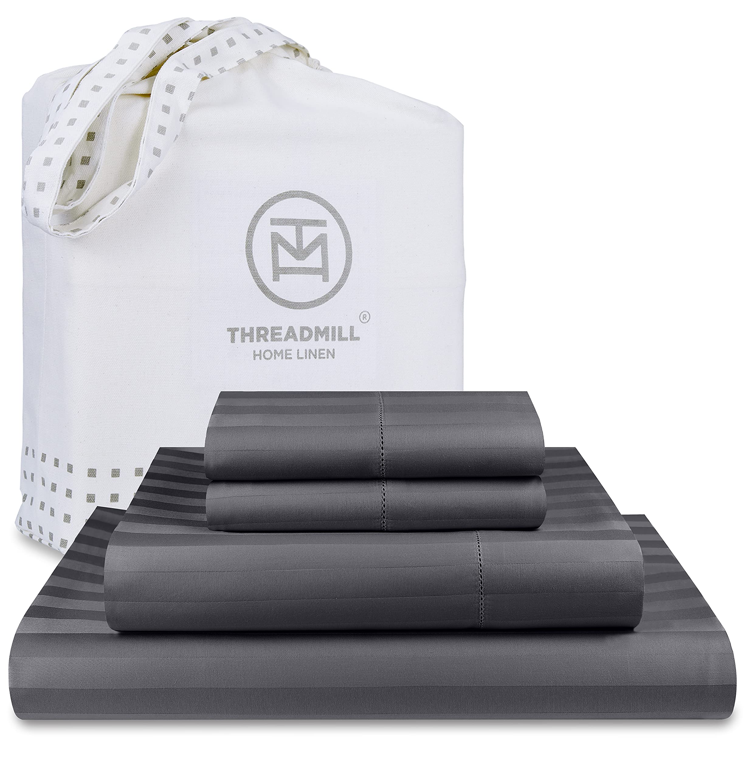 Threadmill 500 Thread Count Full-Size Damask Stripe, 4 Pc Luxury Cotton Bedding Set, Silky Smooth Dark Grey Sheets With 16' Ela