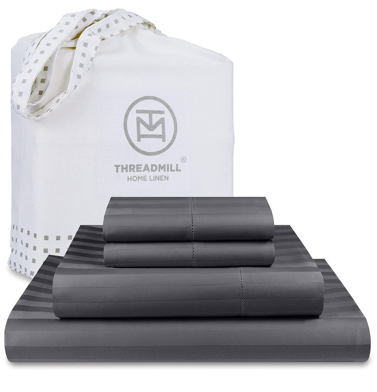 Threadmill 500 Thread Count Queen Size Damask Stripe, 4 Pc Luxury Cotton Sheet Set, Silky Smooth Dark Grey Sheets With 16' Elas
