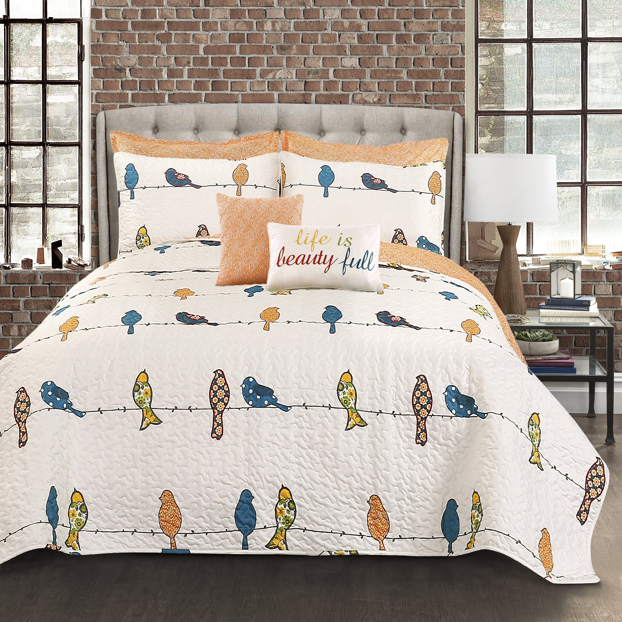 Lush Decor Rowley Birds Quilt Set, 7 Piece Set, Full/ Queen, Multi - Reversible Bird Bedding Set With Pillow Cases & Throw Pillo
