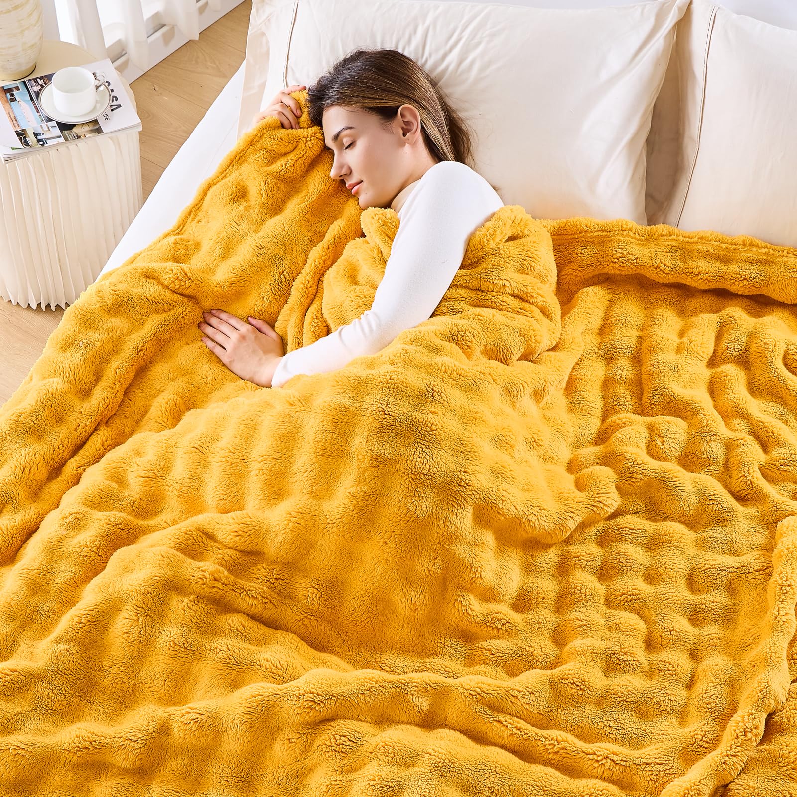 Newcosplay King Blanket For Couch Mustard Yellow Super Soft Flannel Fleece 3D Bubble Lightweight Bed Blanket All Season Use (Mus