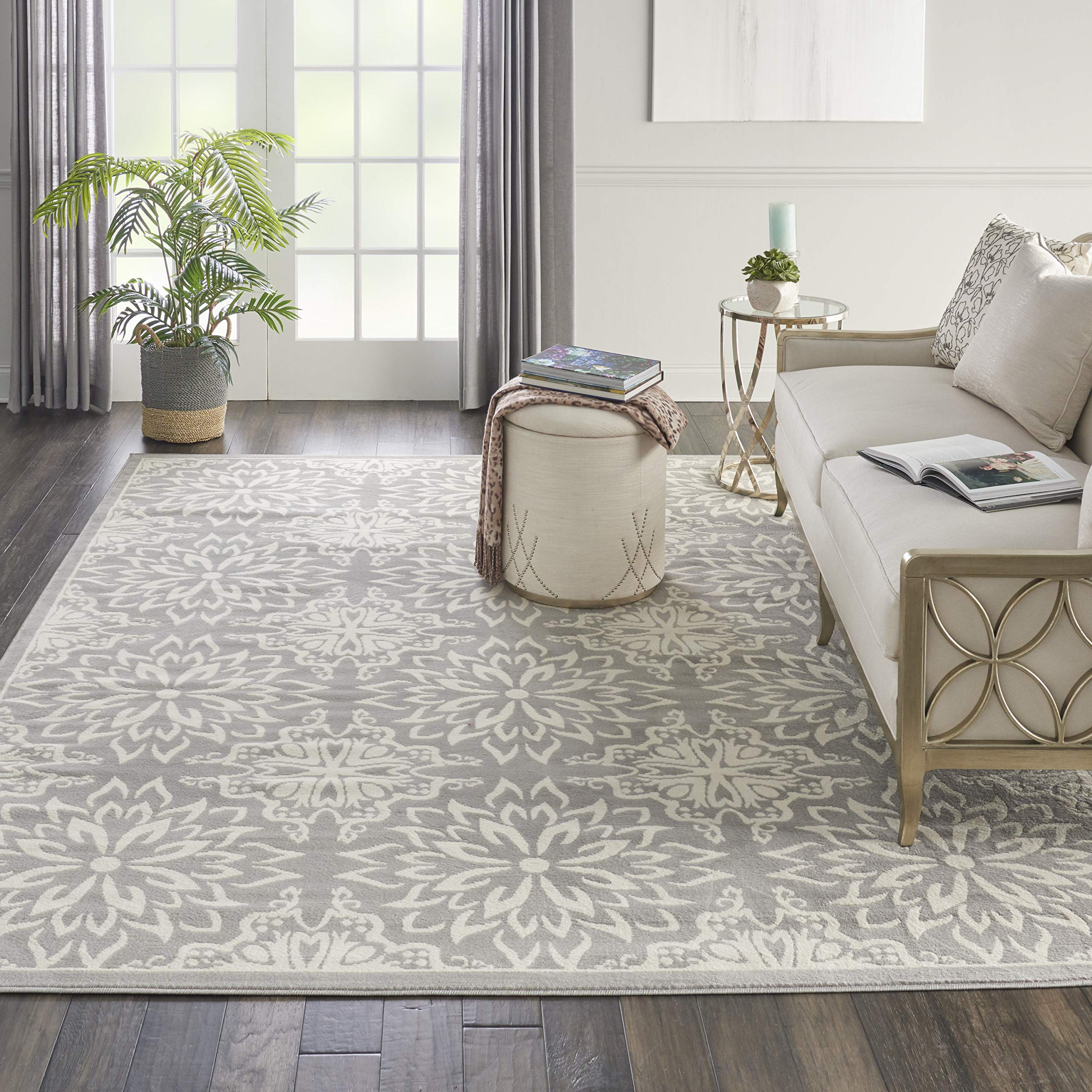 Nourison Jubilant Transitional Ivory/Grey 710 x 910 Area-Rug, Easy-Cleaning, Non Shedding, Bed Room, Living Room, Dining R