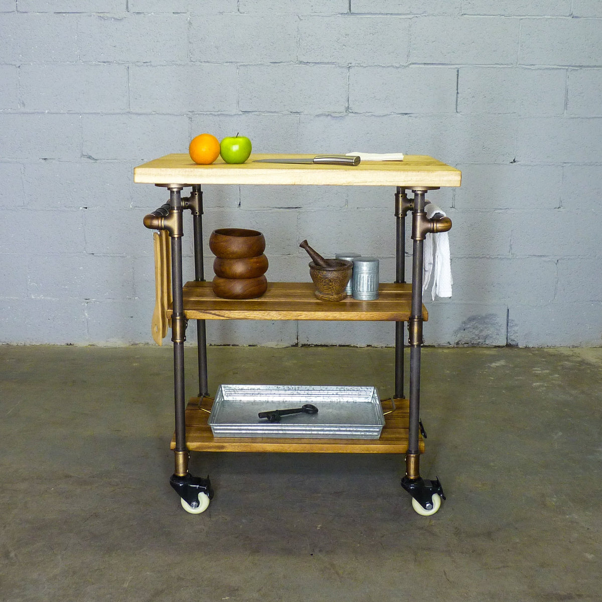 Os Home And Office 3-Tier Kitchen Serving Bar Cart Brushed Brass Gray Steel Combo With Natural Stained Wood