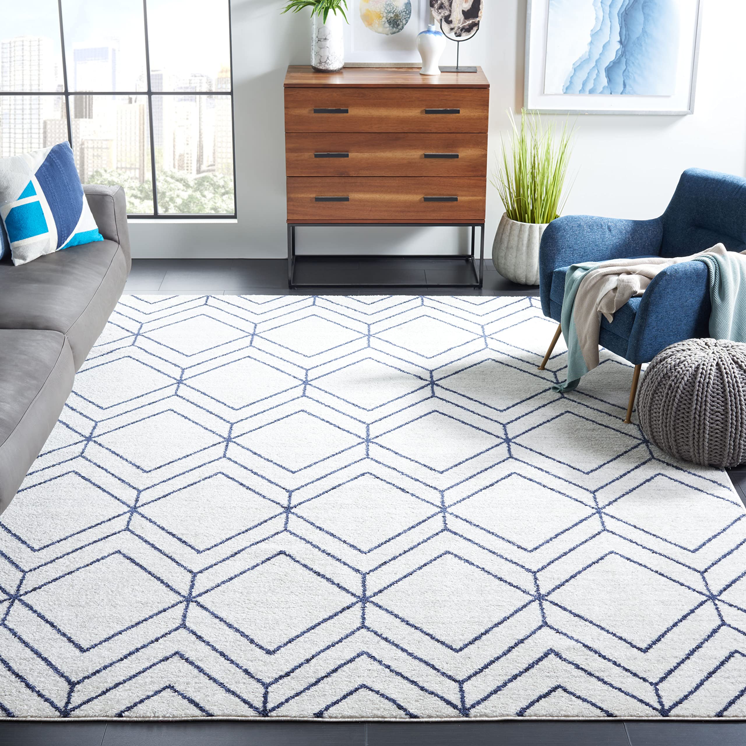 SAFAVIEH Adirondack Collection 6 Square Light Grey/Navy ADR241N Modern Geometric Non-Shedding Living Room Dining Bedroom Area R