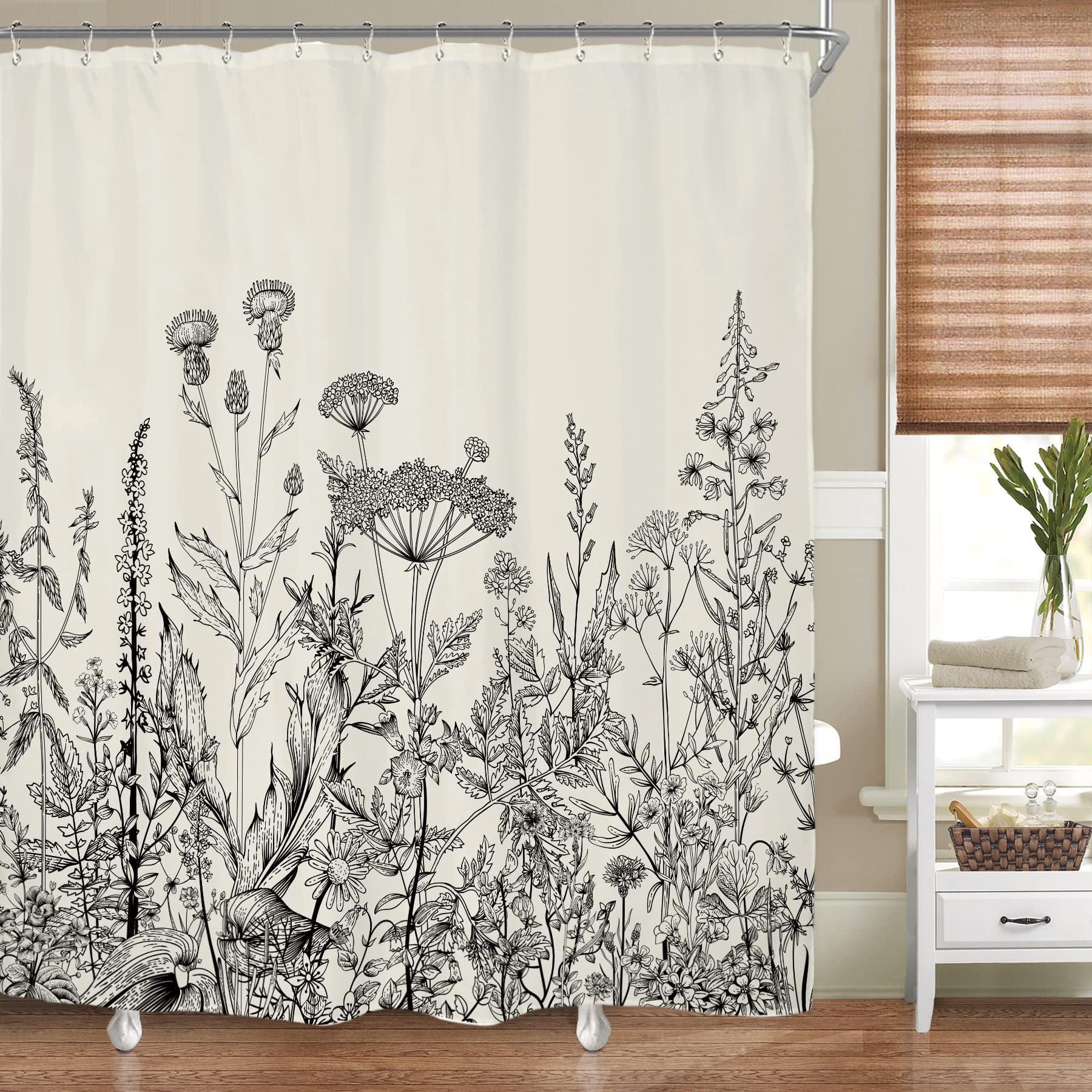 Riyidecor Wild Floral Shower Curtain for Bathroom Decor 72Wx78H Botanical Flower Plant Herbs Tulip Nature Blossom Wildflower Lea
