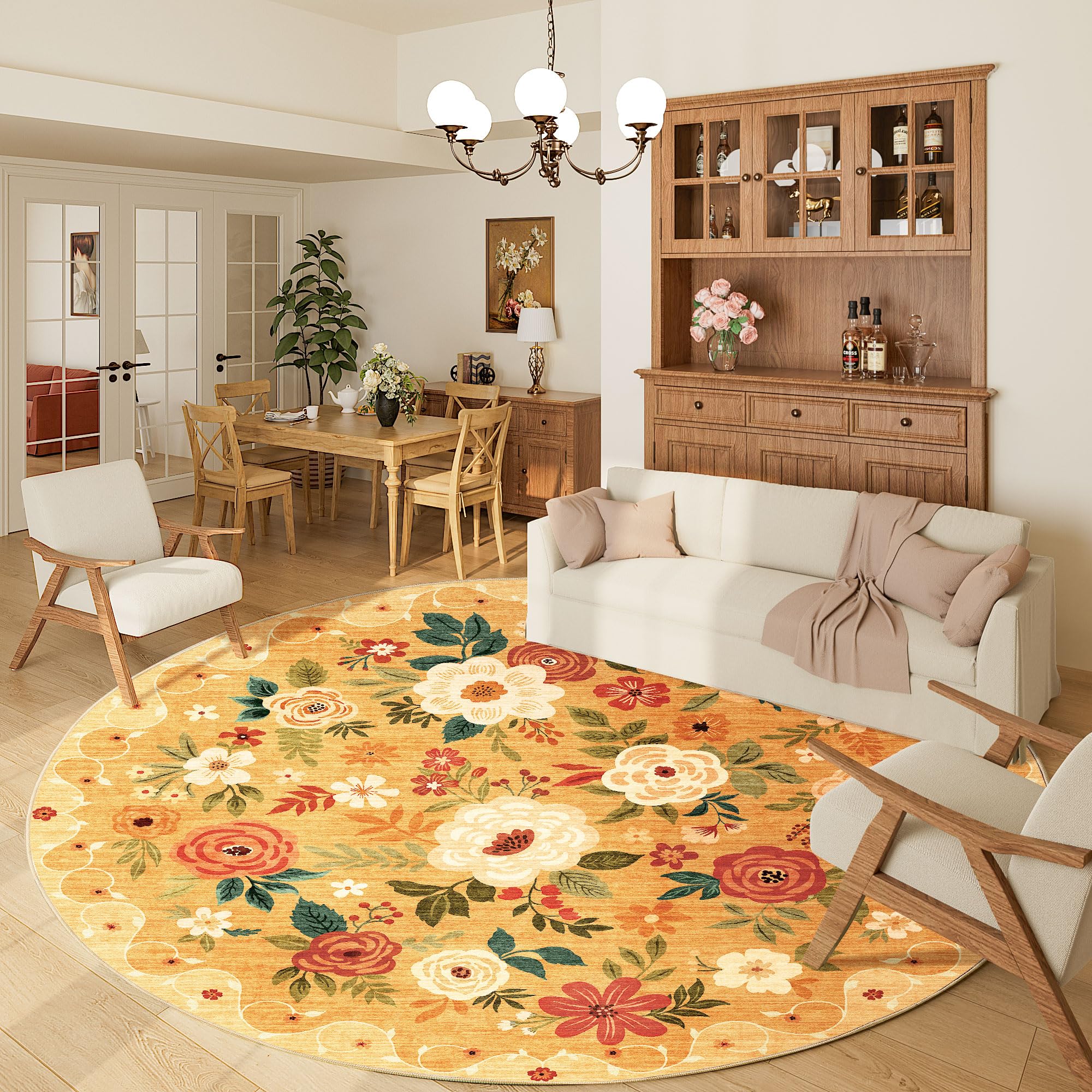 DUKINO Floral Round Rug, 6ft Washable Circle Rug, Non Slip Indoor Low Pile Circle Rug, Soft Small Boho Design Carpet for Bedroom