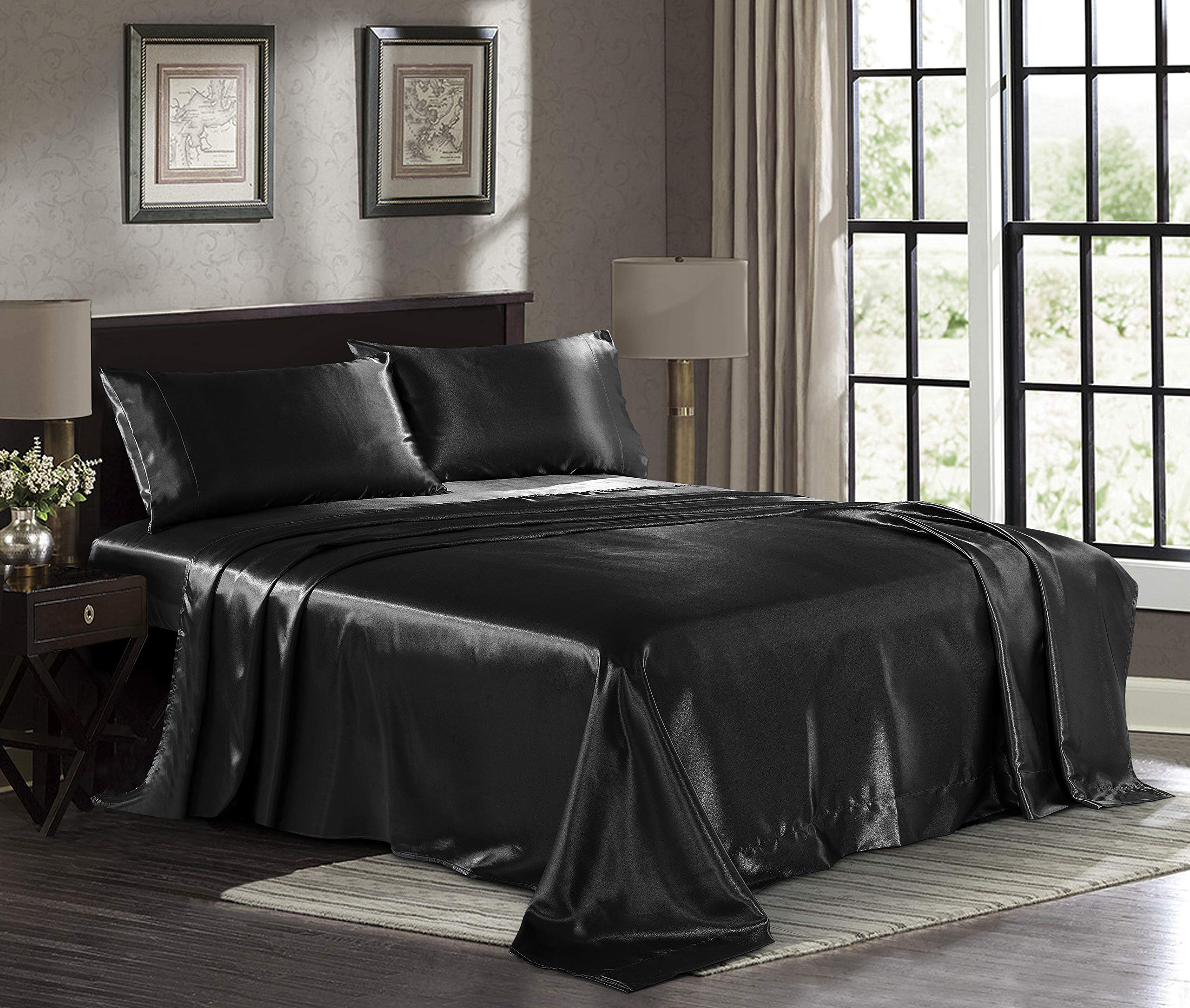 Satin Sheets King [4-Piece, Black] Hotel Luxury Silky Bed Sheets - Extra Soft 1800 Microfiber Sheet Set, Wrinkle, Fade, Stain Re
