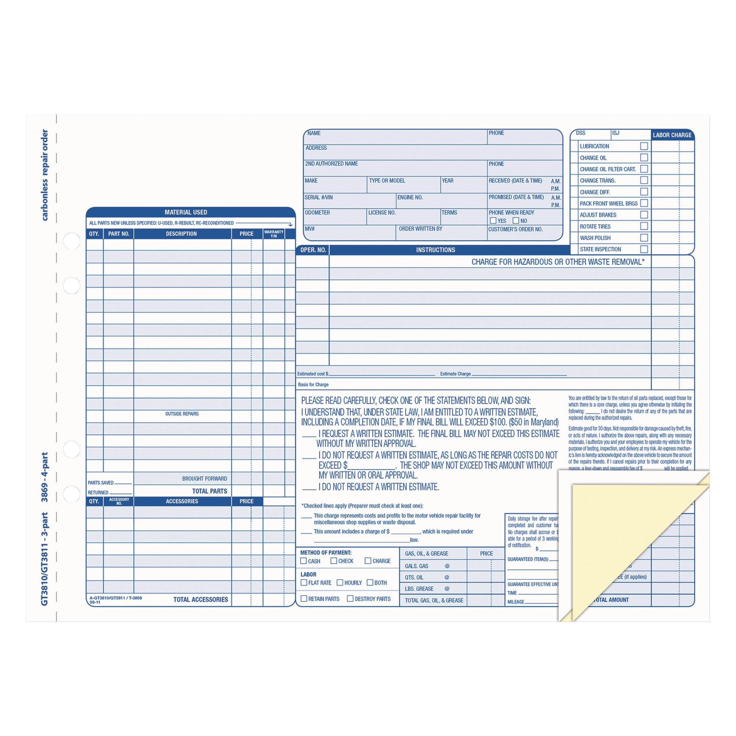Tops 3869 Auto Repair Four-Part Order Form, 8 1/2 X 11, Four-Part Carbonless (Pack Of 50 Forms)
