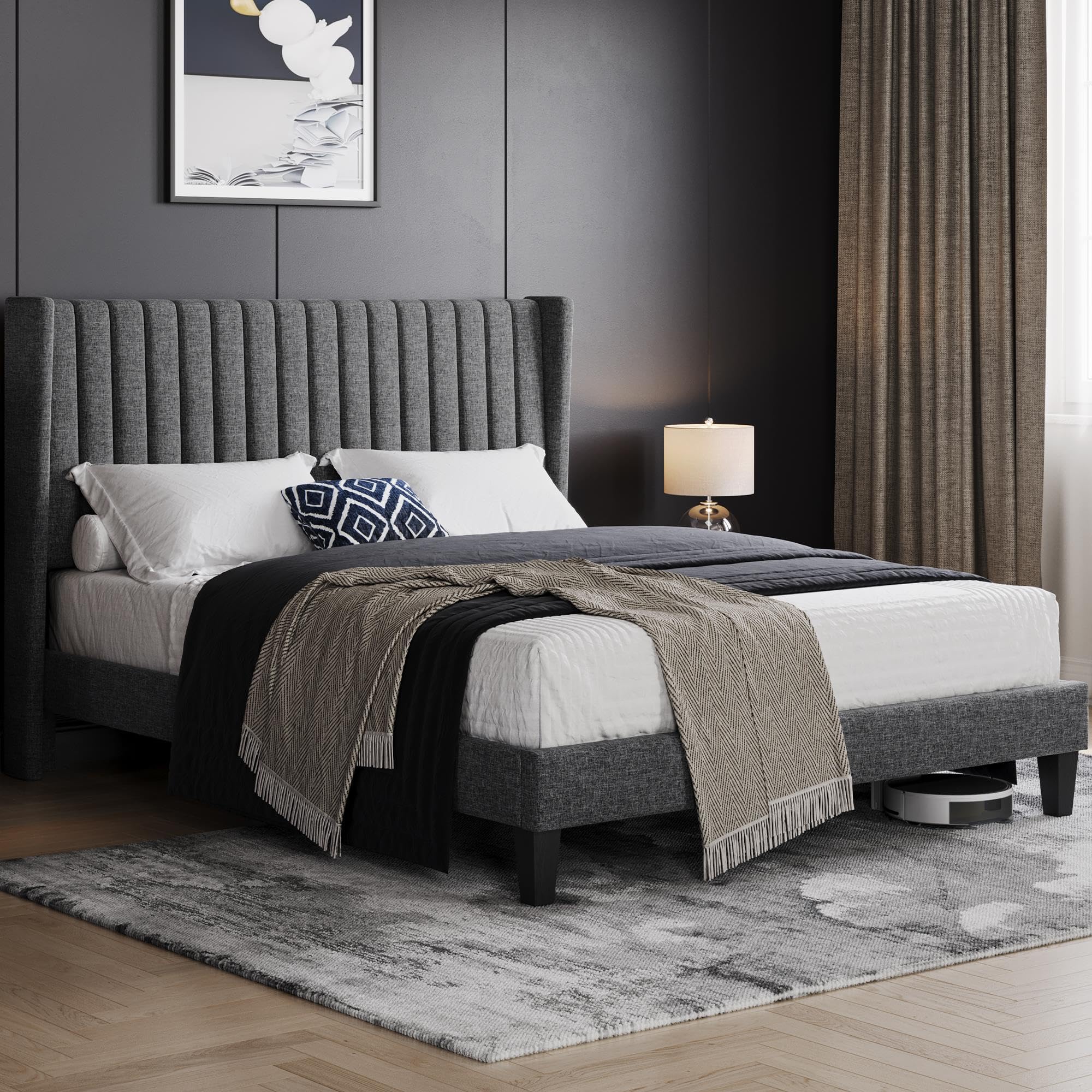 Yaheetech Queen Bed Frame Upholstered Platform Bed With Fabric Headboard, Wing Edge Design/Non-Slip And Noise-Free/Wooden Slats Support/No Box Spring Needed/Easy Assembly, Dark Gray Queen Bed