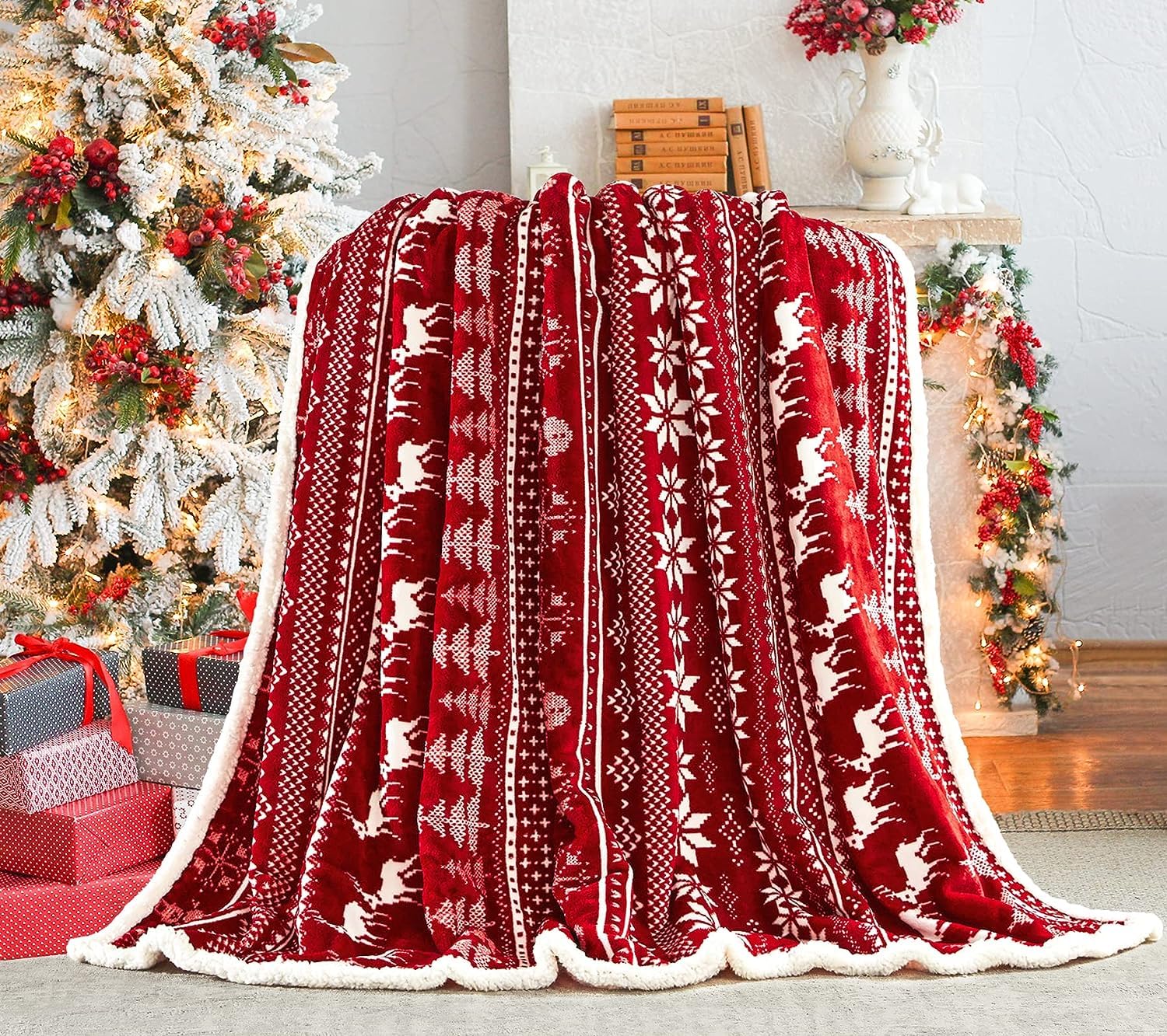 Touchat Red Sherpa Christmas Twin Blanket, Fuzzy Fluffy Soft Cozy Blanket, Fleece Flannel Plush Microfiber Blanket For Couch Bed